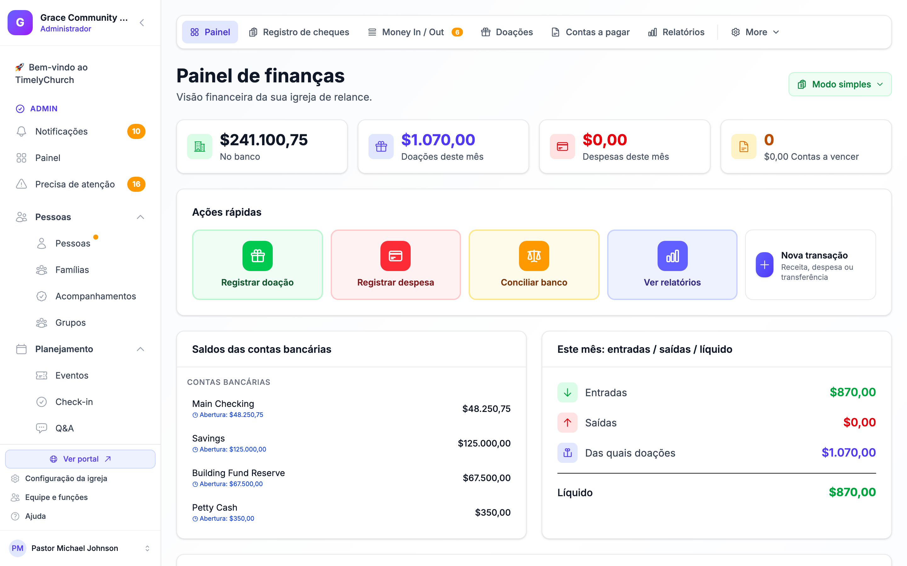A barra de abas de Contabilidade (Painel, Registro de Cheques, Transações, Doações, Contas a Pagar, Relatórios) com o menu suspenso Configuração ▾ à direita, mostrado no topo do Painel Financeiro. A igreja de demonstração está no modo Contabilidade Completa (avançado), então o menu é rotulado Configuração ▾.