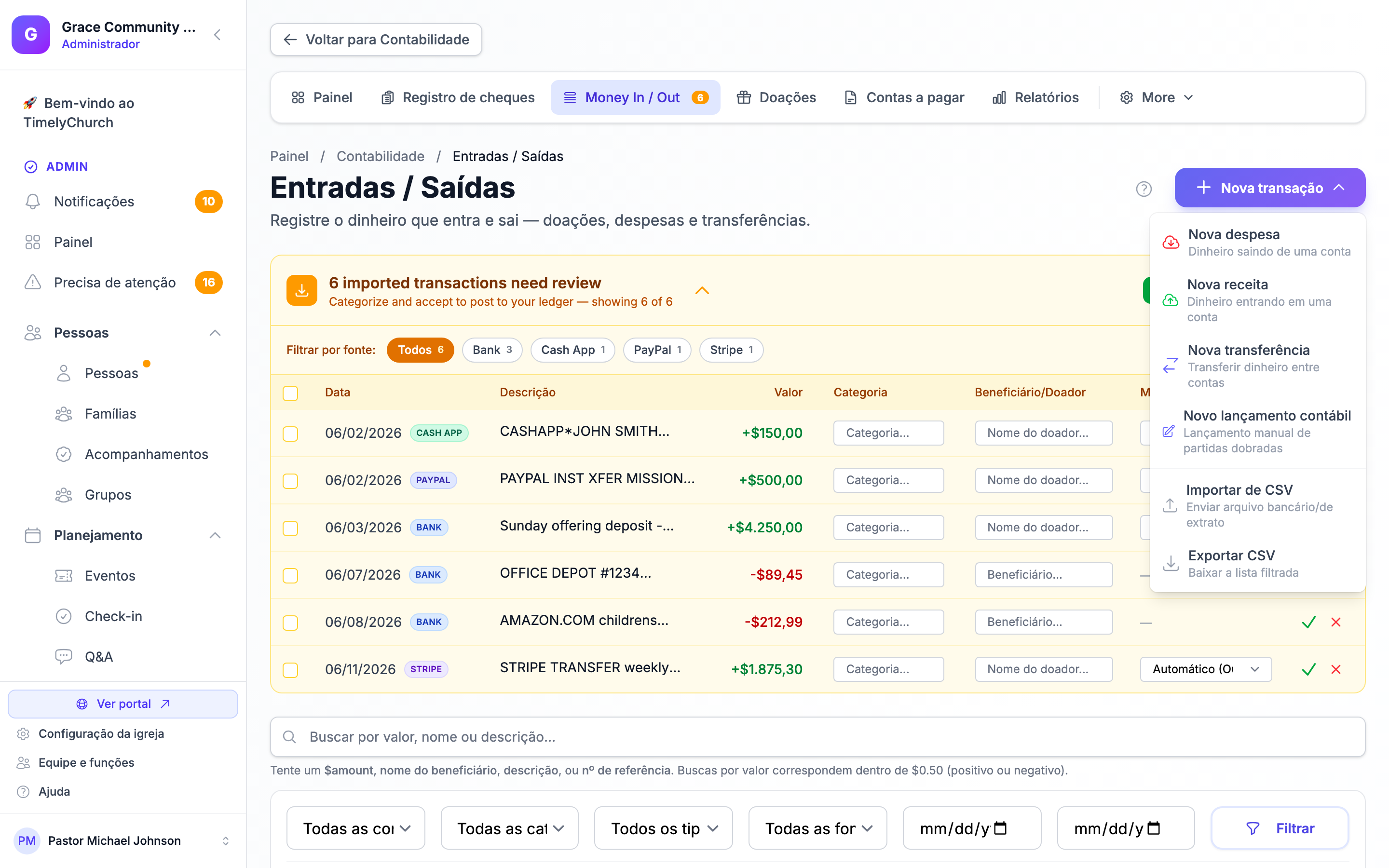 O menu de ação dividida Nova Transação aberto na página de Transações, mostrando Nova Despesa, Nova Receita, Nova Transferência, Novo Lançamento Contábil, Importar de CSV e Exportar CSV. Clicar no botão Nova Transação alterna o menu suspenso Alpine.