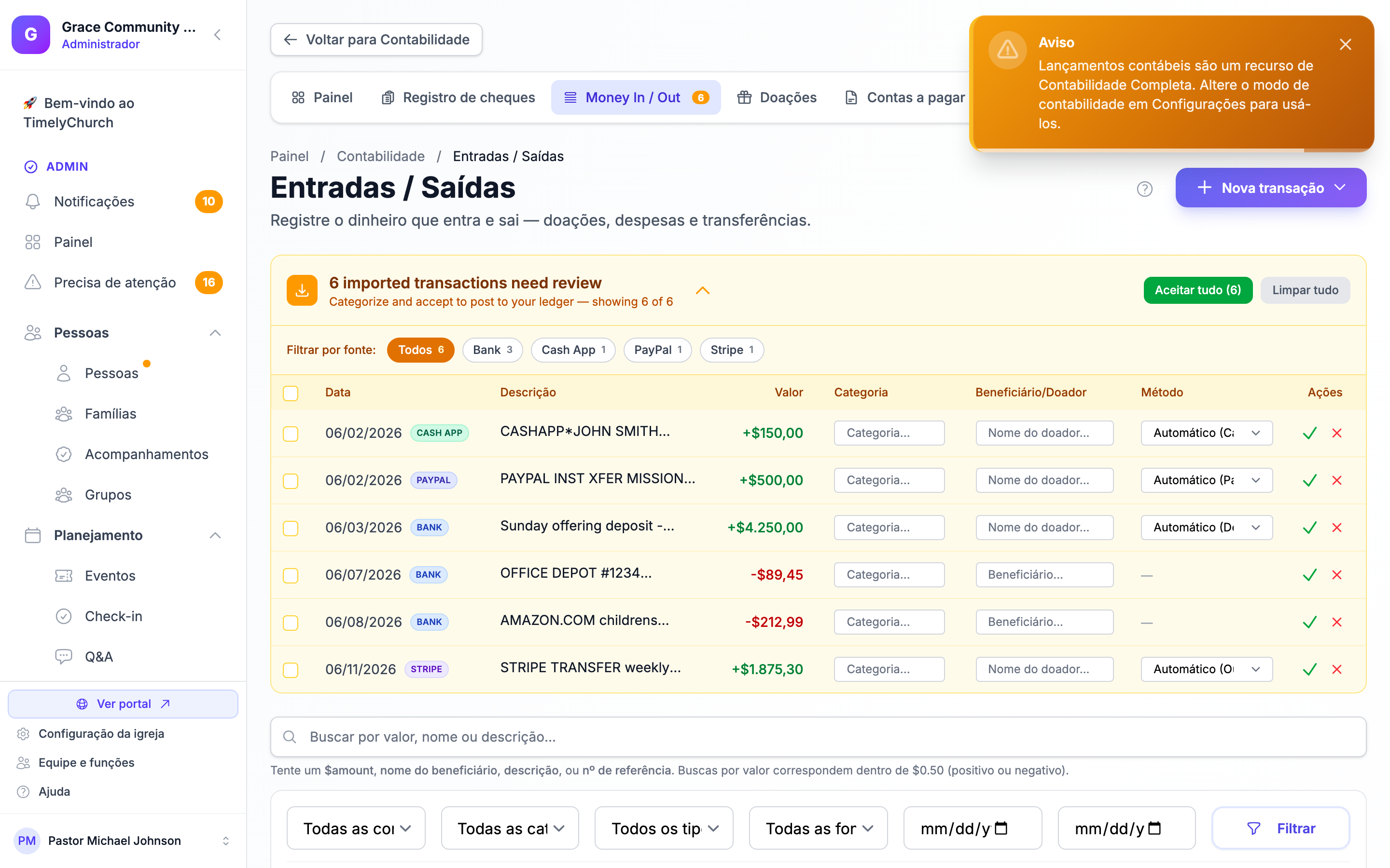 O formulário Novo lançamento contábil (journal-entries/create) mostrando o cabeçalho Data / Referência / Descrição, a tabela Divisões com colunas Conta / Fundo / Memo / Débito / Crédito, o link Adicionar linha, a linha Diferença (Déb − Créd) em execução e o botão Lançar lançamento contábil desabilitado. Captura simples da página — o formulário completo é renderizado ao carregar.