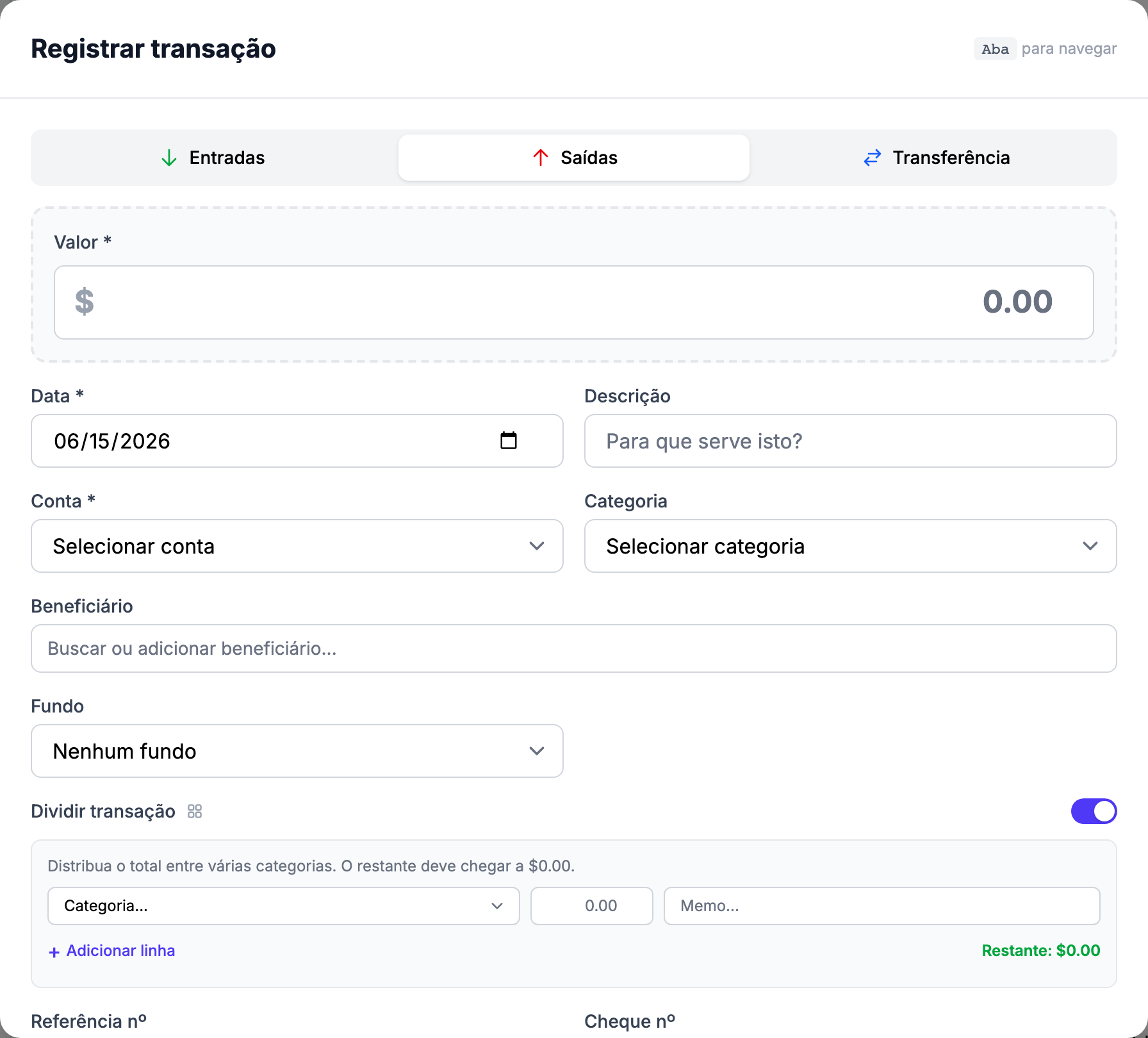 O modal Registrar Transação com a alternância Transação Dividida ligada, mostrando linhas de divisão (Categoria / Valor / Memo), o link + Adicionar Linha e o indicador Restante: US$ 0,00. Aberto via Nova Transação > Nova Despesa, depois clique na alternância Transação Dividida.