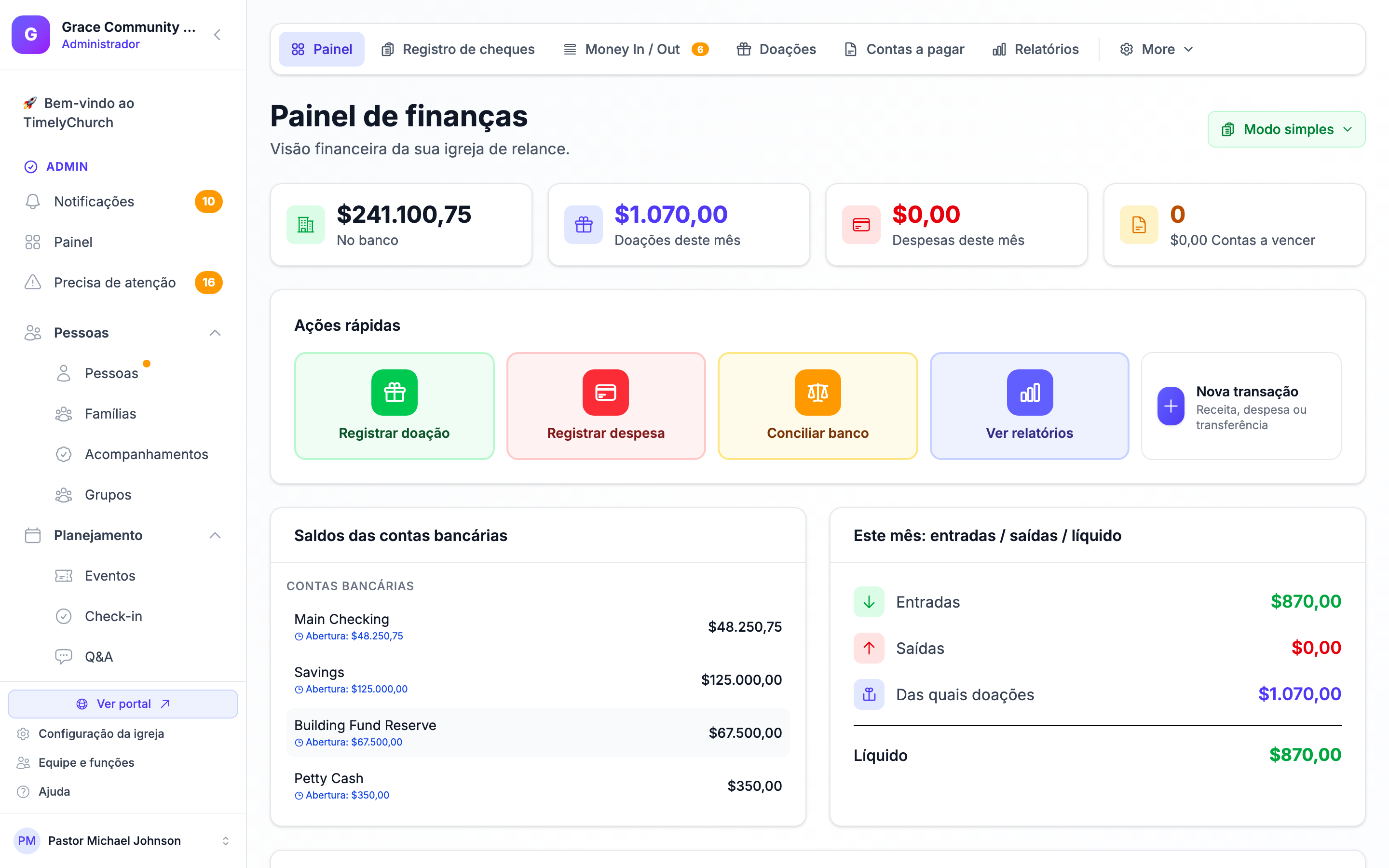 O Painel Financeiro com a barra de abas de contabilidade no topo e o botão de modo (Contabilidade Completa, índigo, no cabeçalho da página). A igreja de demonstração está no modo avançado, então o botão lê 'Contabilidade Completa'.