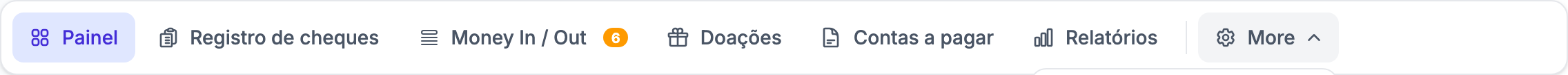 A barra de abas de contabilidade no modo Cheque Simples com o menu suspenso 'Mais ▾' aberto.