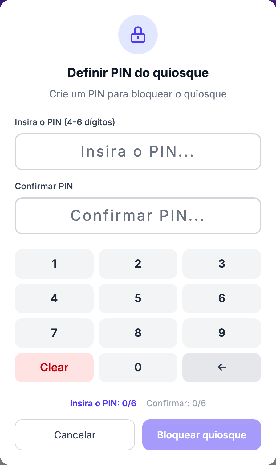 Modal Definir PIN do quiosque com dois campos de PIN e um teclado numérico na tela. O quiosque carrega desbloqueado (isLocked=false); clicar no botão Bloquear do cabeçalho executa toggleKioskLock(), que abre o modal showSetPinModal (entradas Novo PIN + Confirmar PIN e um teclado 0-9 com Limpar/Enter).