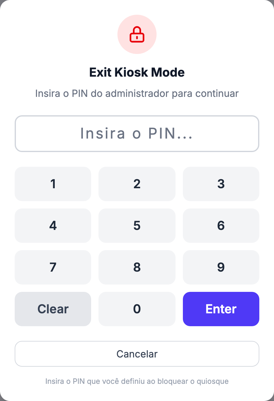 Painel «O que você gostaria de fazer?» após verificação do PIN, mostrando os botões Desbloquear quiosque e Sair do modo quiosque. Este painel só é renderizado quando o quiosque está bloqueado (isLocked=true) E um PIN correto foi digitado (pinVerified=true). Clicar em «Sair do modo quiosque» no rodapé desbloqueado abre o modal de saída na etapa de entrada do PIN; o painel de opções verificadas não pode ser alcançado sem digitar o PIN definido anteriormente, o que o prep clickText/dispatch/wait não consegue fazer. A melhor captura possível é o modal de entrada do PIN de saída.