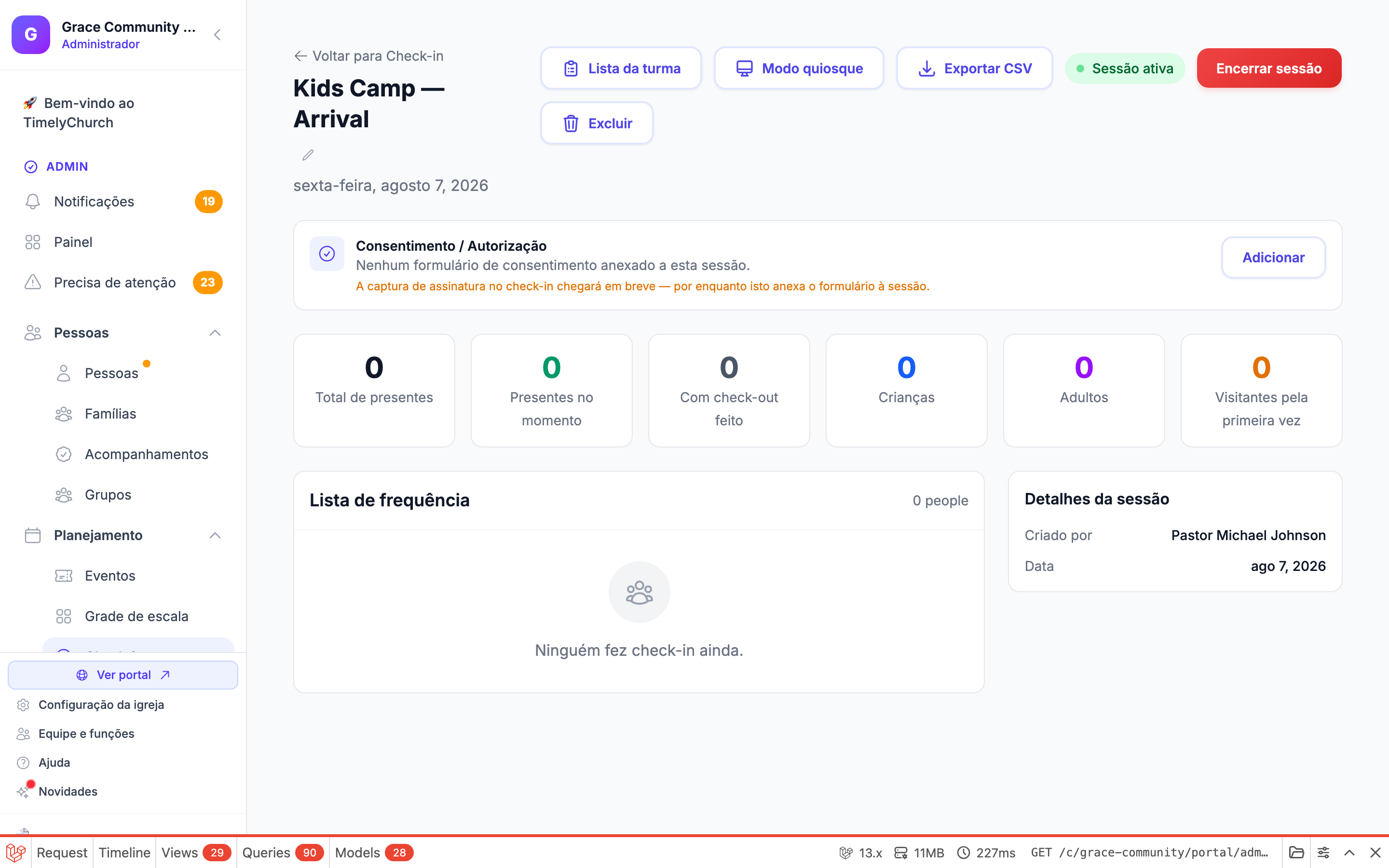 Cronologia de check-ins em um relatório de detalhes da sessão, mostrando a distribuição horária de check-ins como um pequeno gráfico de barras horizontal na barra lateral. A página session-show renderiza o cartão 'Cronologia de check-ins' apenas quando existem dados de cronologia (check-ins agrupados por hora). Para chegar a ela é necessária uma sessão existente com check-ins; a partir do índice da Estação de check-in, o banner de Sessões ativas vincula a uma página de detalhes da sessão ao clicar no nome da sessão. Dependente de dados: a igreja de demonstração pode não ter uma sessão ativa com check-ins em várias horas.