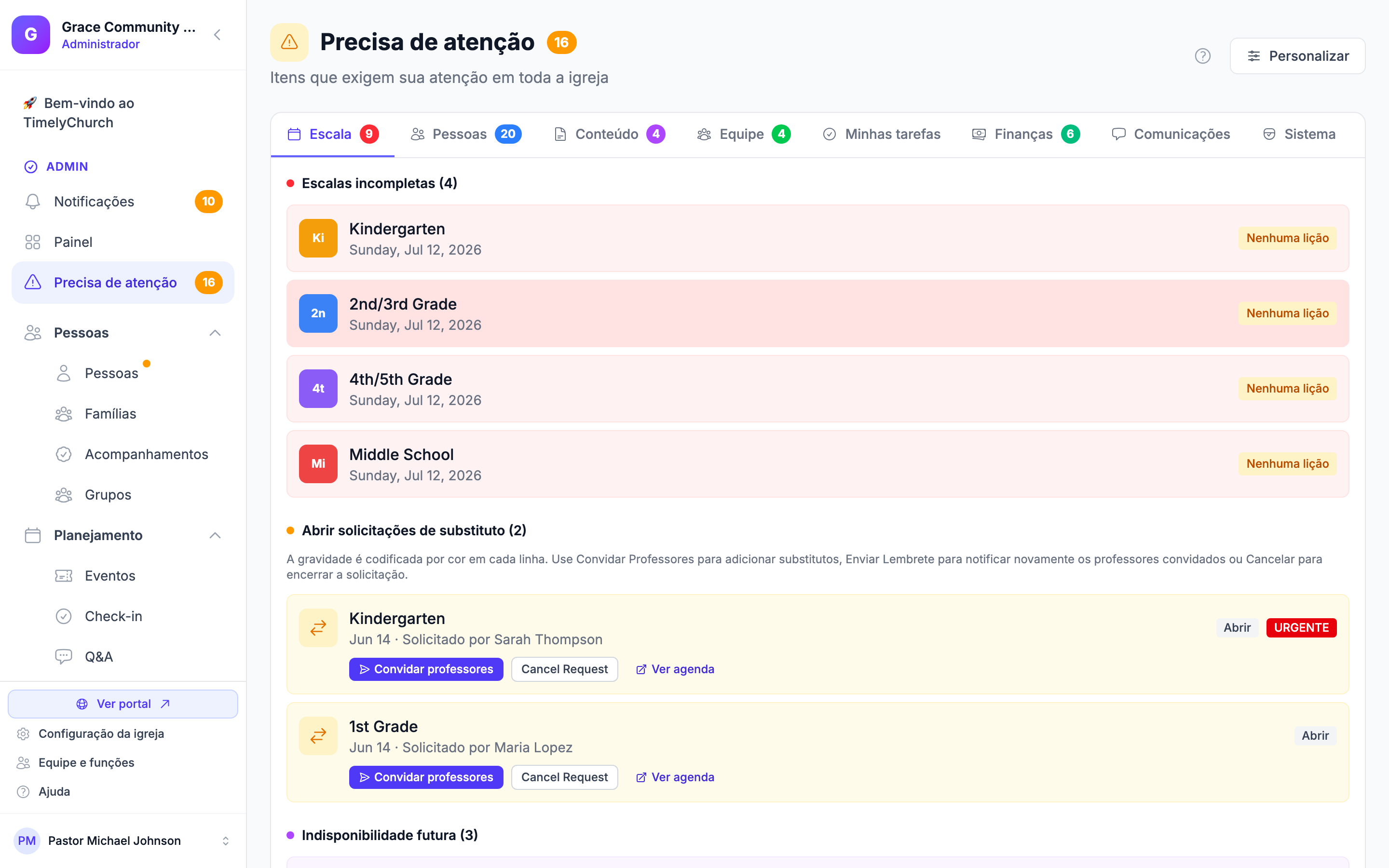 Painel Precisa de atenção mostrando a seção Crianças não retiradas com uma lista de crianças além do limite. A página Precisa de atenção é confiável, mas a seção vermelha 'Crianças não retiradas (N)' só é renderizada quando $unclaimedChildren não está vazio (um check-in de criança mais antigo que o limite de 3 horas em uma sessão ainda ativa). A igreja de demonstração provavelmente não tem esse estado, então a seção pode não aparecer; a página em si carrega normalmente.
