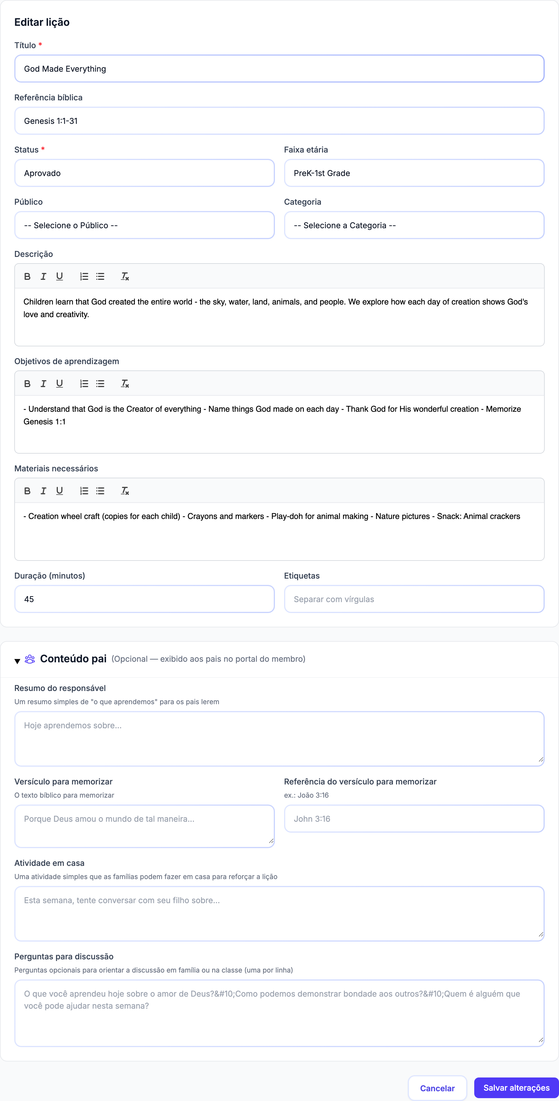 Painel Assistente de IA abaixo da área de texto Perguntas para discussão, com a entrada de prompt e um botão roxo Gerar. Acessado na página de detalhes da lição em modo de edição: abra a lição 61 (Deus fez tudo), entre no modo Editar, expanda a seção recolhível Conteúdo para pais, depois o painel com borda roxa Assistente de IA fica diretamente abaixo da área de texto Perguntas para discussão. A igreja de demonstração grace-community (id 11) tem content_generation de IA habilitado, então o painel é renderizado.