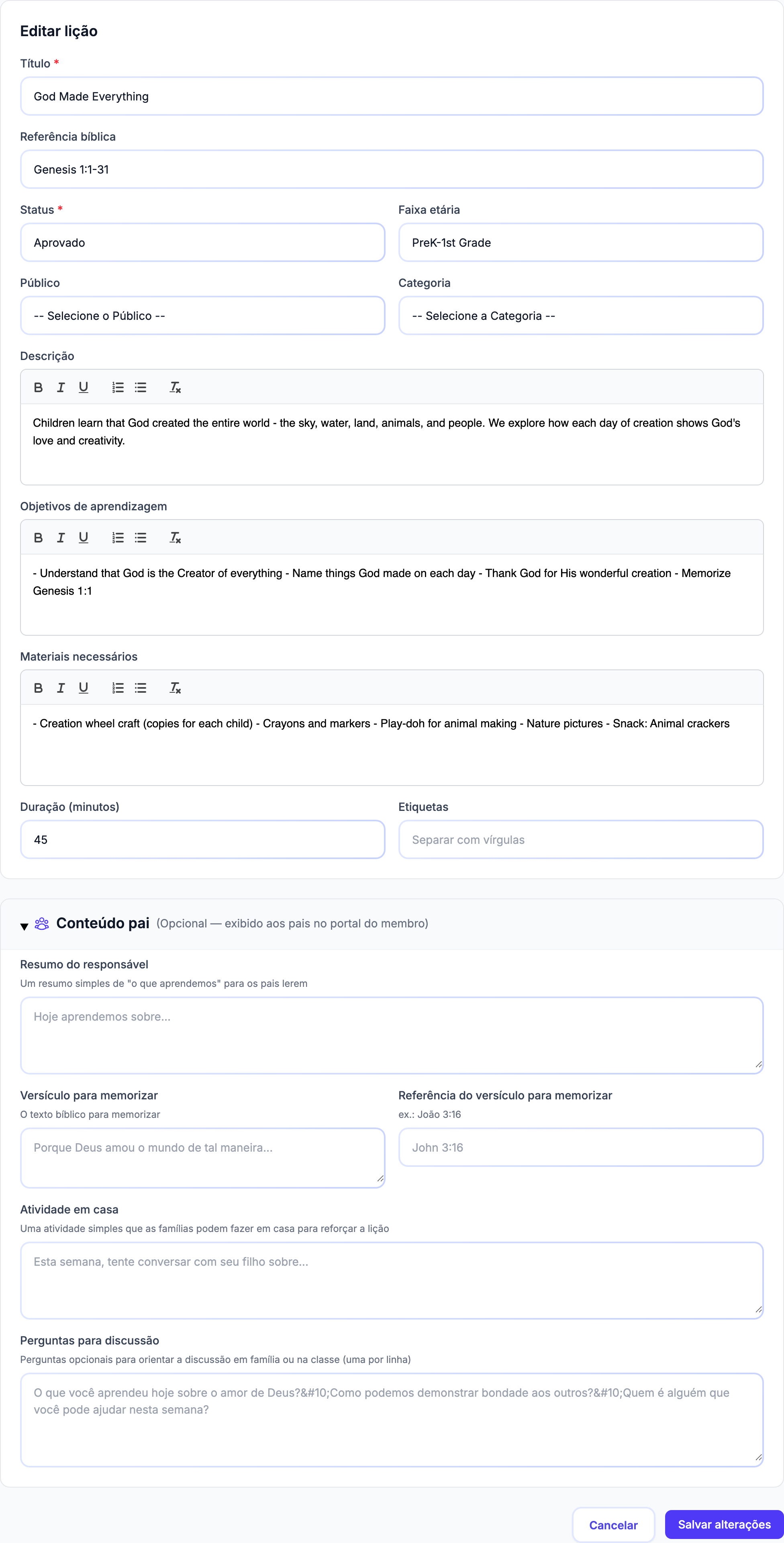 O painel roxo Assistente de IA com ícone de brilho, entrada de prompt e botão Gerar, mostrado diretamente abaixo do campo Perguntas para discussão no formulário de edição de lição.