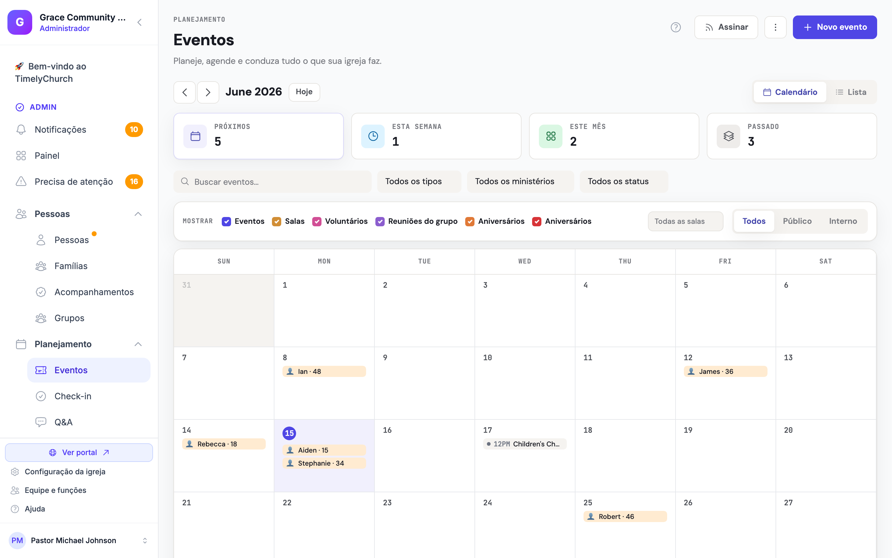 A página de Eventos com o botão "New event" destacado na barra de ferramentas superior direita