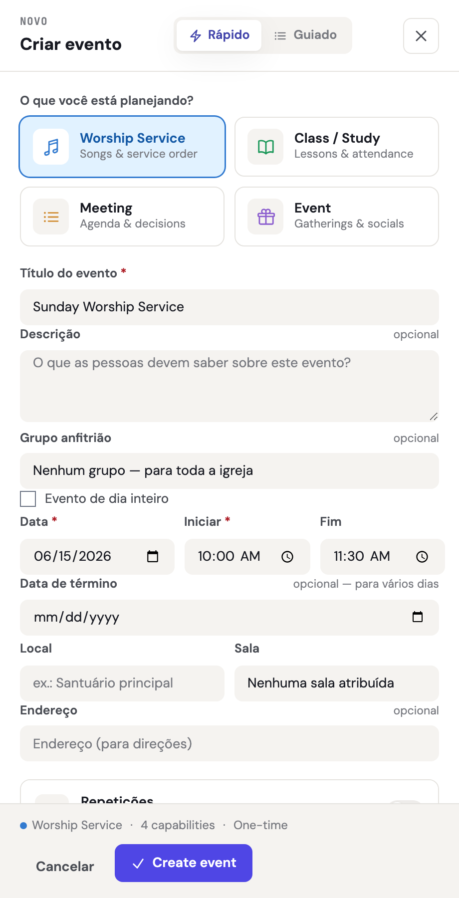 O painel Create event mostrando o alternador Quick / Guided no topo