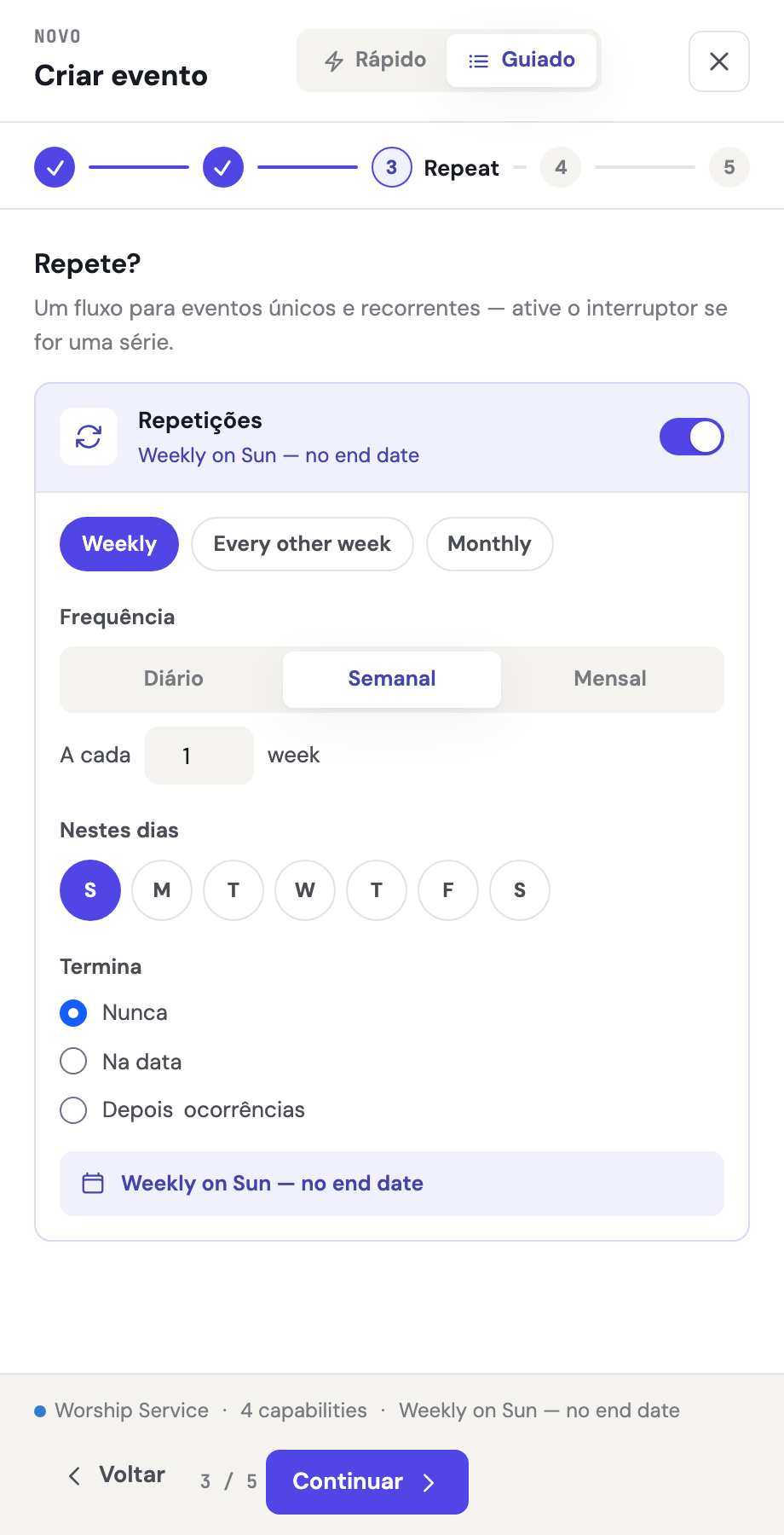 A etapa Repeat mostrando o alternador Repeats ativado, controle segmentado de frequência, círculos dos dias da semana e o resumo dinâmico do agendamento