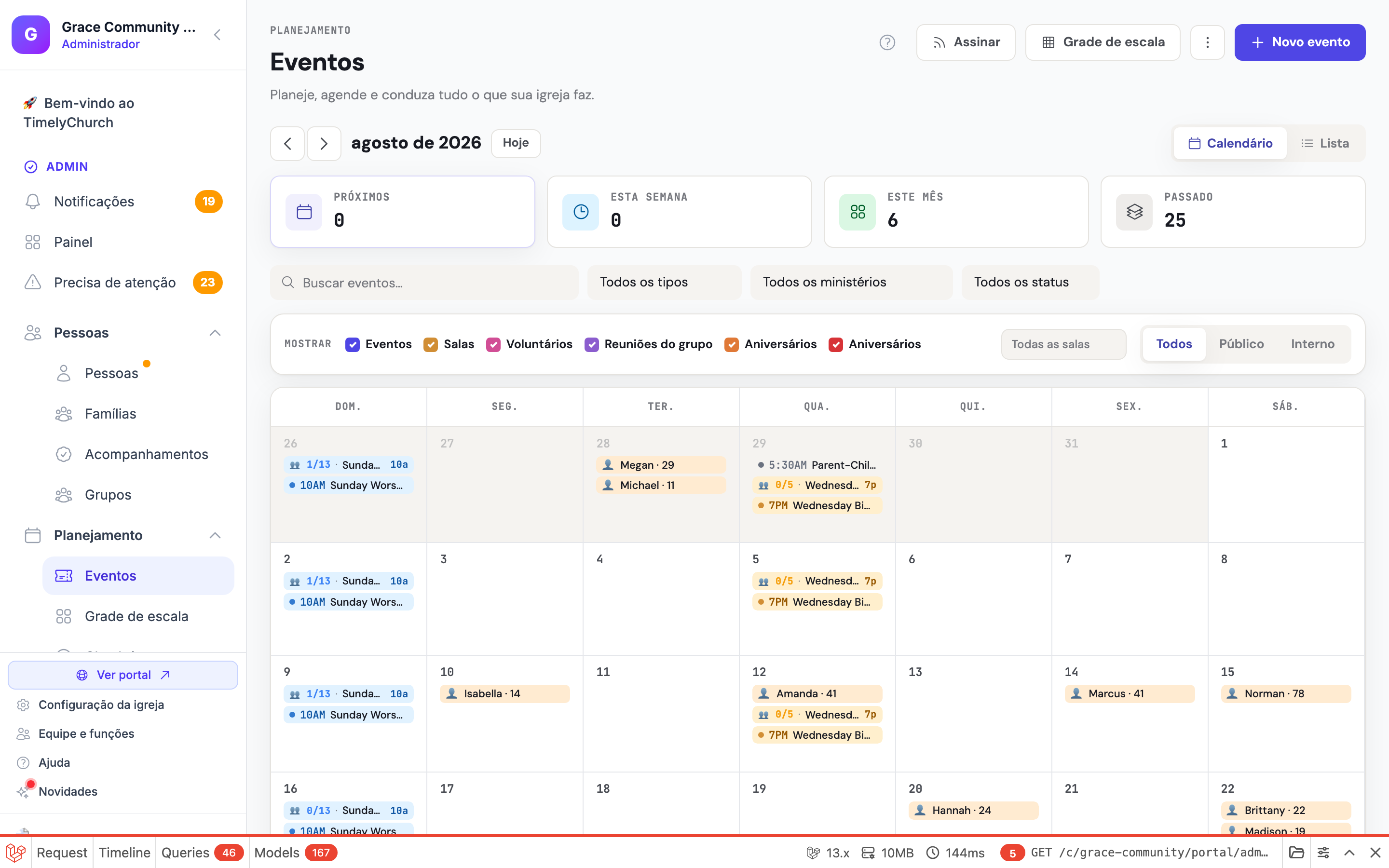 A página de Eventos mostrando a mensagem de sucesso após a criação de um evento