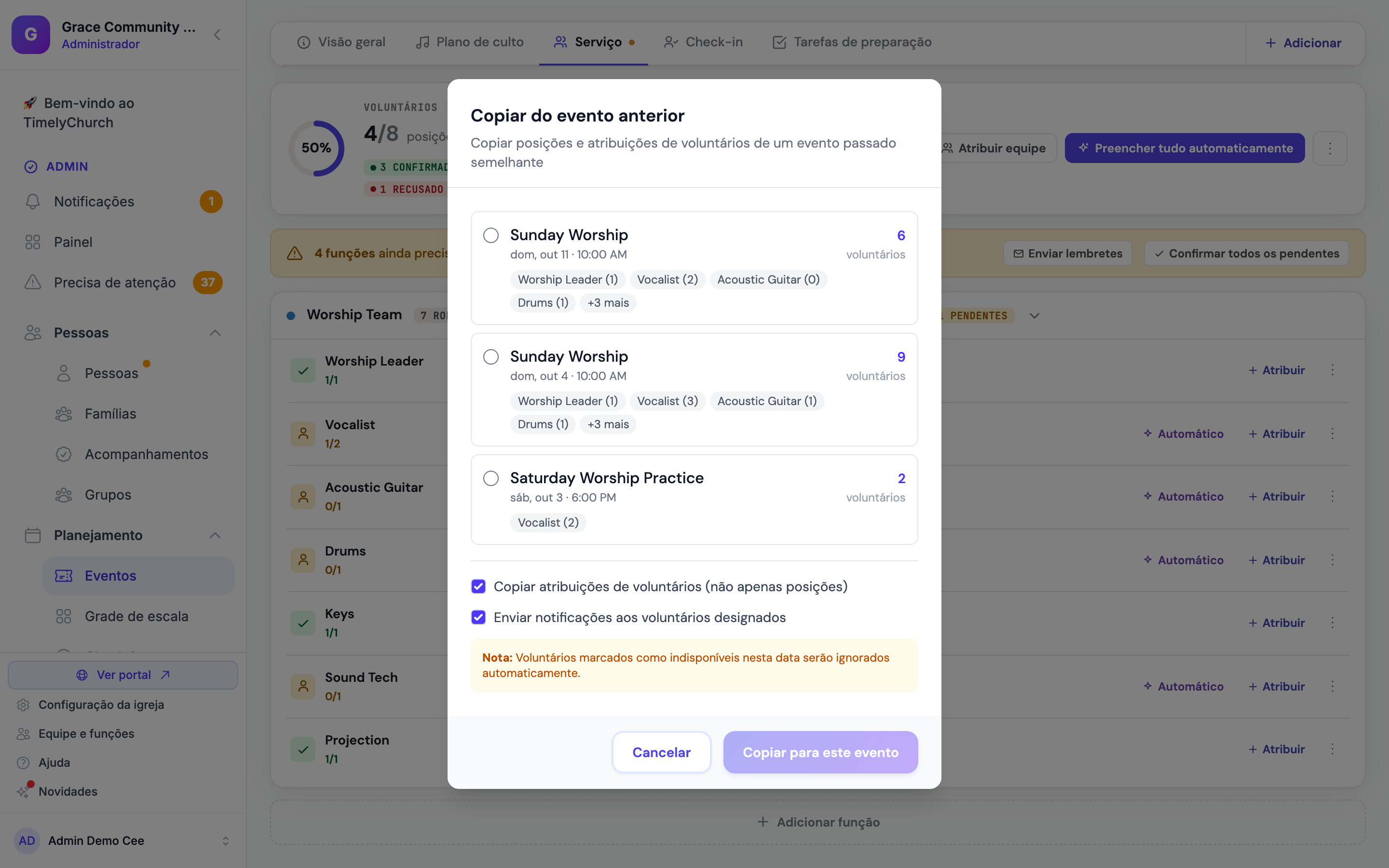 A caixa de diálogo Copiar do evento anterior, mostrando uma lista de cultos passados com suas datas, horários e contagem de posições