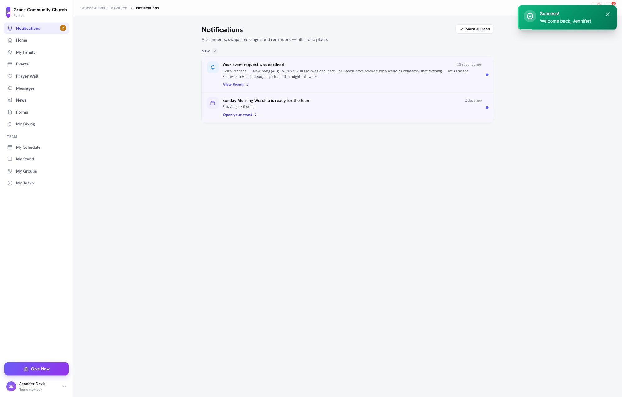 A tela de notificações de um membro mostrando uma solicitação de evento recusada, com a observação do aprovador incluída na mensagem