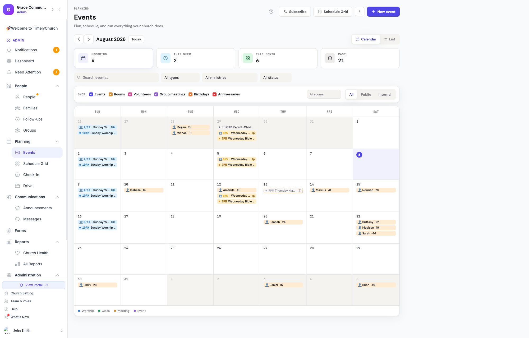 A agenda de Eventos mostrando um evento pendente renderizado desbotado, com borda tracejada