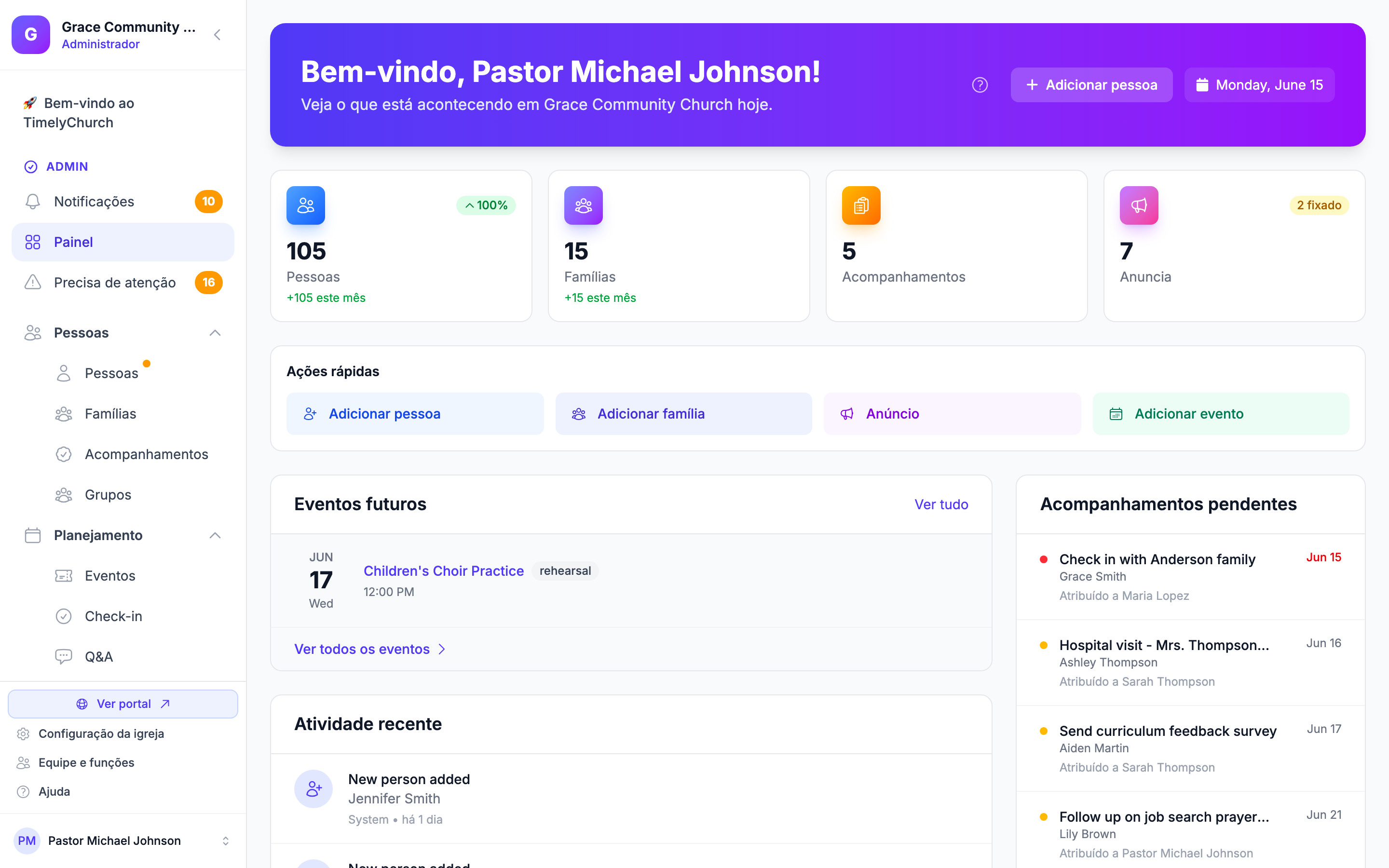 Banner de boas-vindas do painel mostrando saudação, chip de data e botões de ação rápida