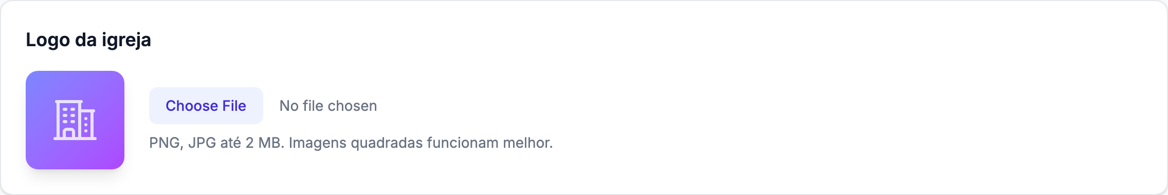 Seção Logotipo da Igreja mostrando o logotipo atual com o seletor de arquivo e botão de remoção