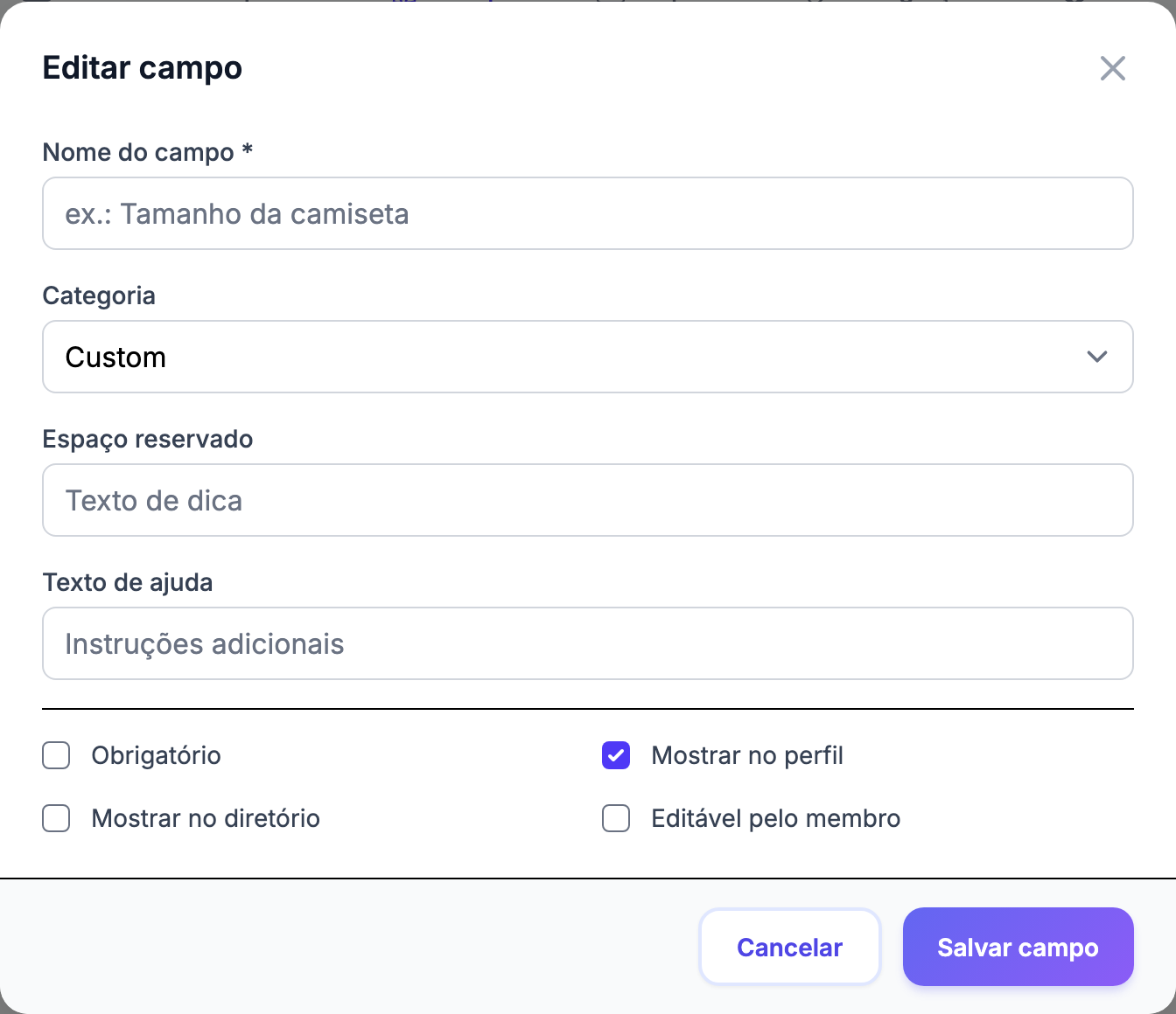 Diálogo de criação de campo personalizado mostrando seleção de tipo de campo e opções de configuração