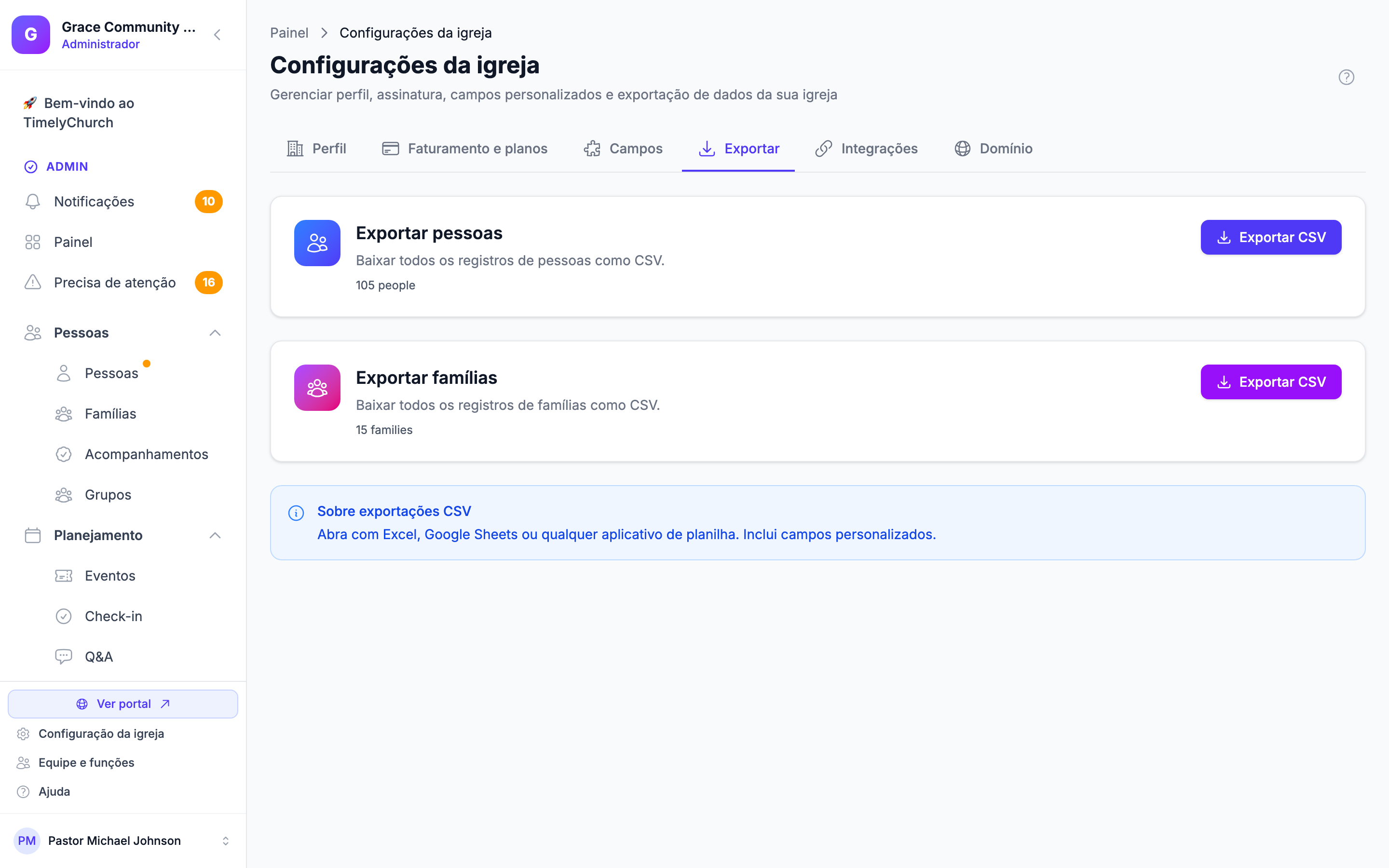 Aba Exportar mostrando os cartões Exportar Pessoas e Exportar Famílias com contagem de registros e botões Exportar CSV