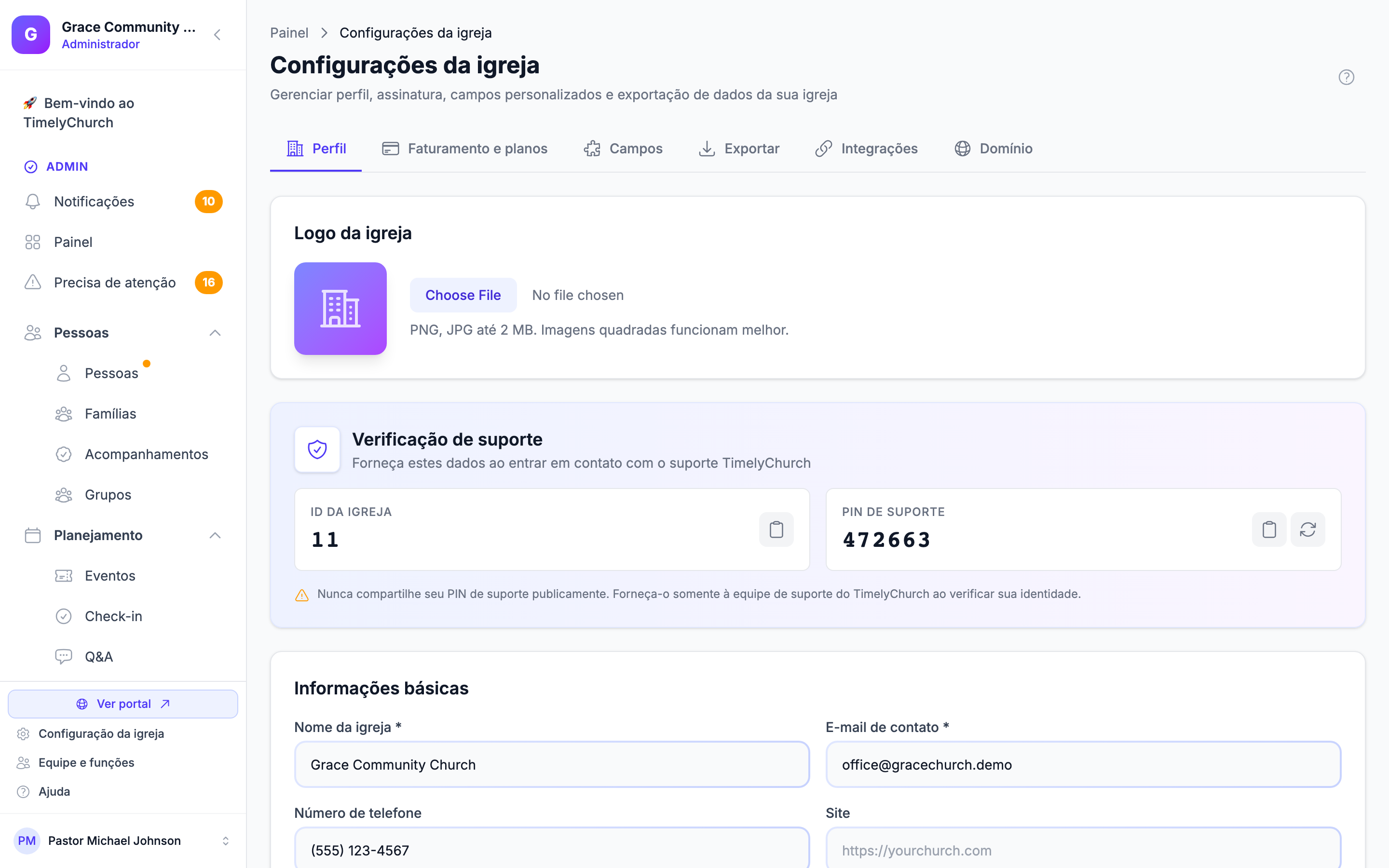 Formulário de perfil da igreja preenchido