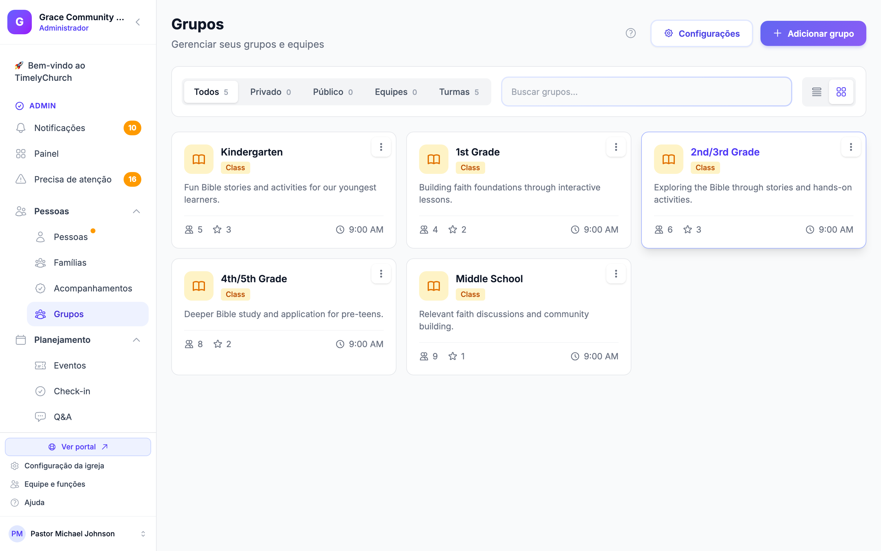 Página Groups mostrando vários grupos com contagens de membros