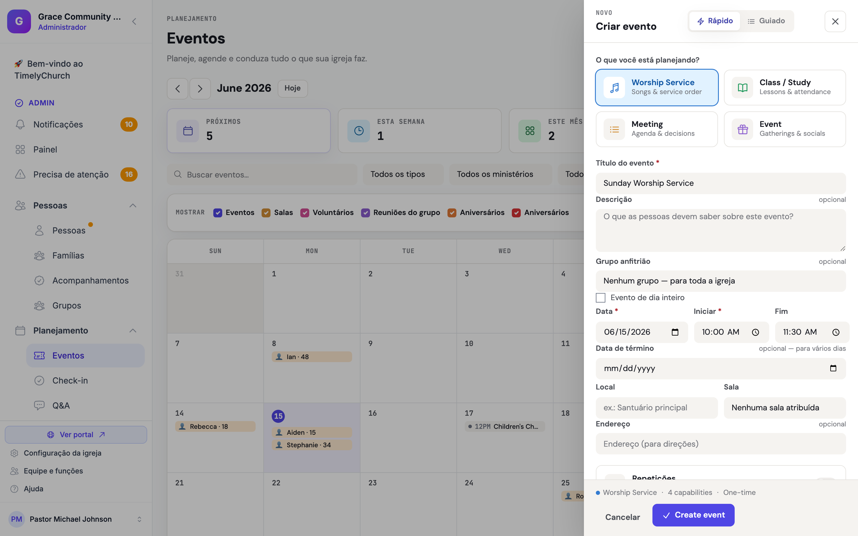 Painel Create event com alternador Quick/Guided, seletor de tipo e detalhes do evento