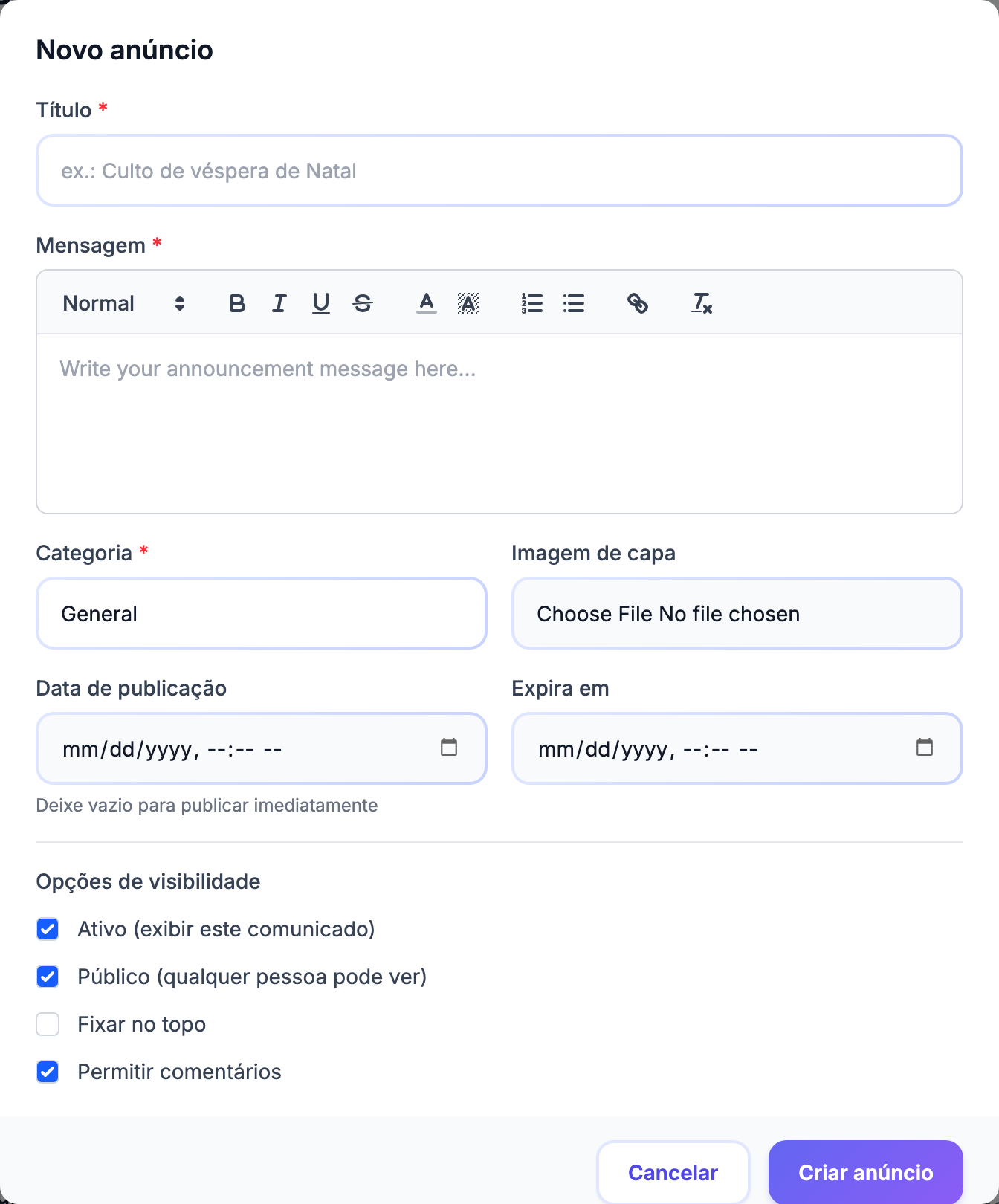 Formulário New Announcement com título, conteúdo e opção de fixar