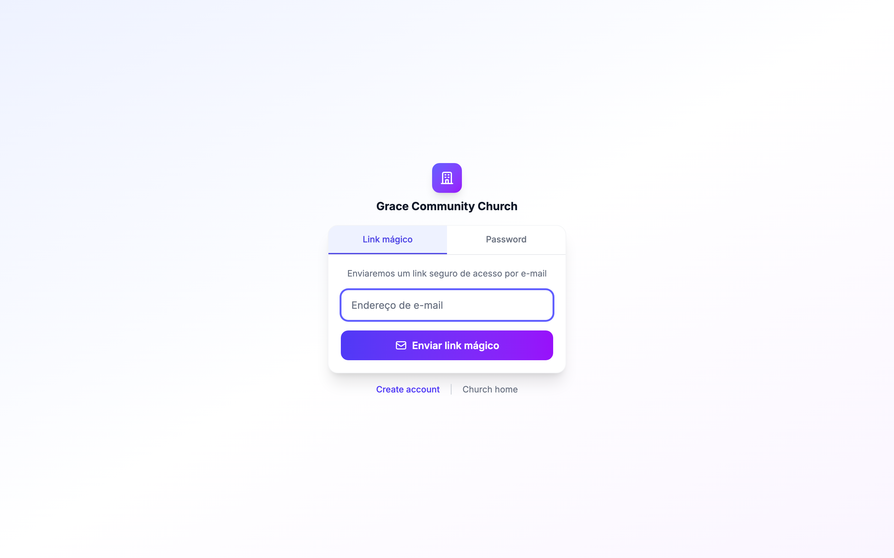 Página de login do portal de membros com campo de e-mail e botão Enviar Link Mágico