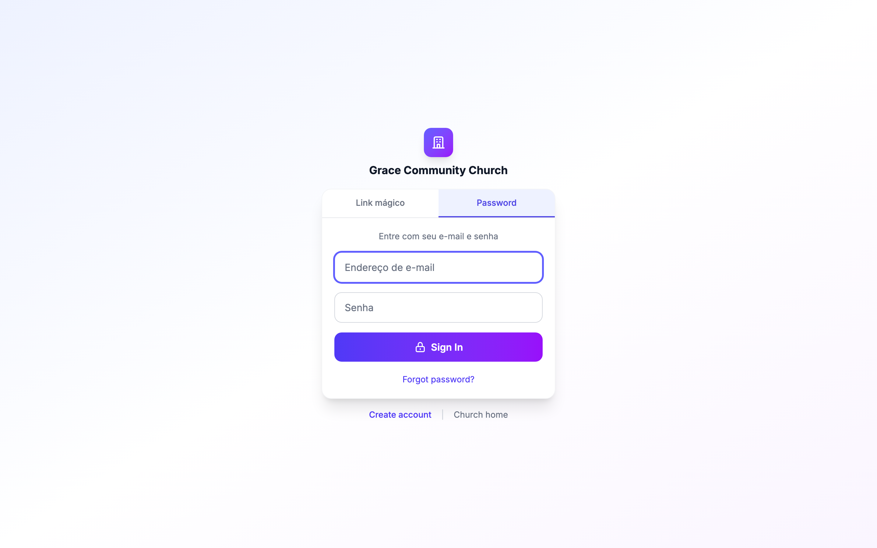 Login do portal mostrando o alternador link mágico / senha
