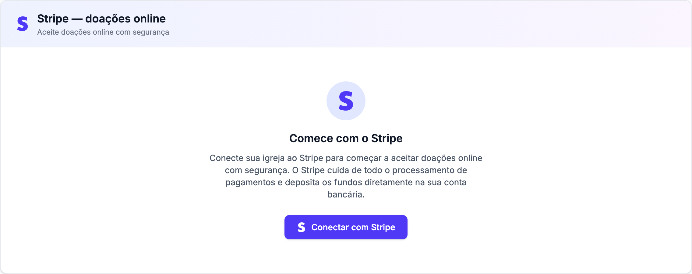 Cartão Stripe - Online Giving mostrando o status Ready to Accept Donations com vistos verdes em Details Submitted / Charges Enabled / Payouts Enabled