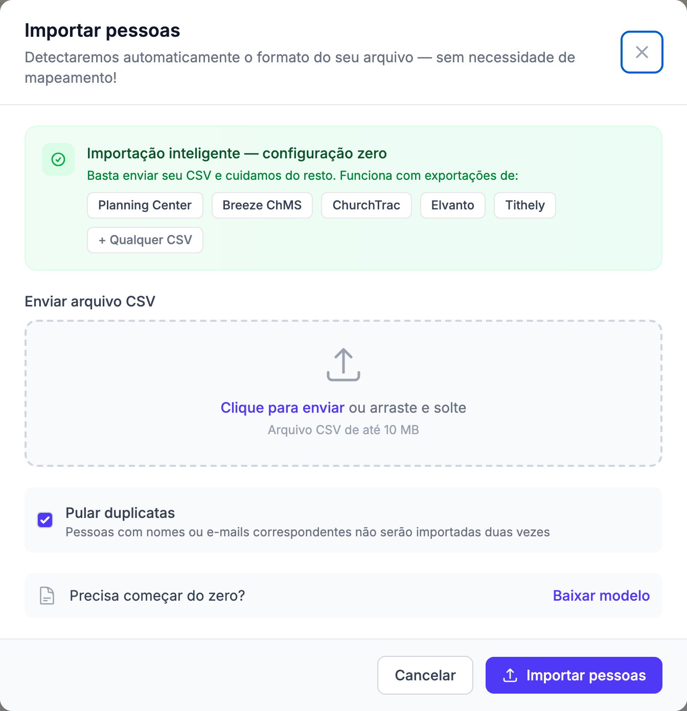 Janela Import People com o painel Smart Import - Zero Configuration, área de upload CSV por arrastar e soltar, caixa de seleção Skip duplicates, link Download template e botão Import People