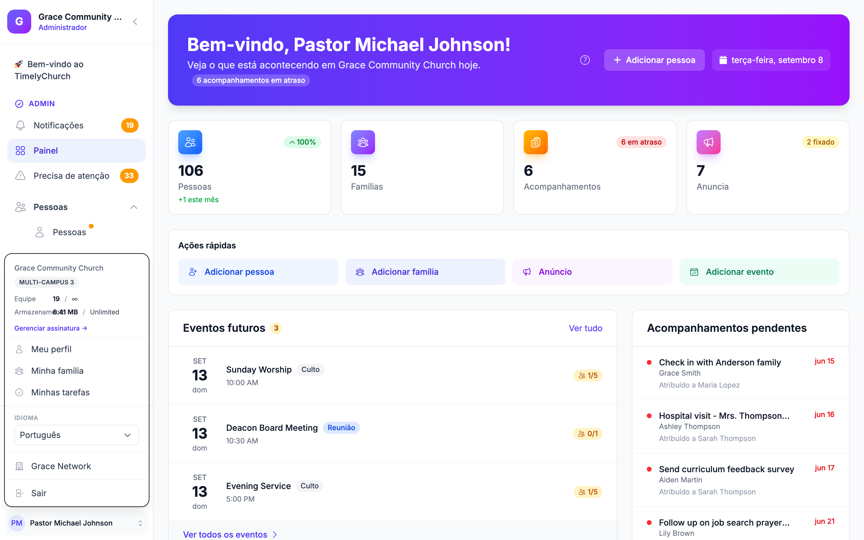 O menu da conta aberto, mostrando o menu suspenso de Idioma na parte inferior com a seleção atual