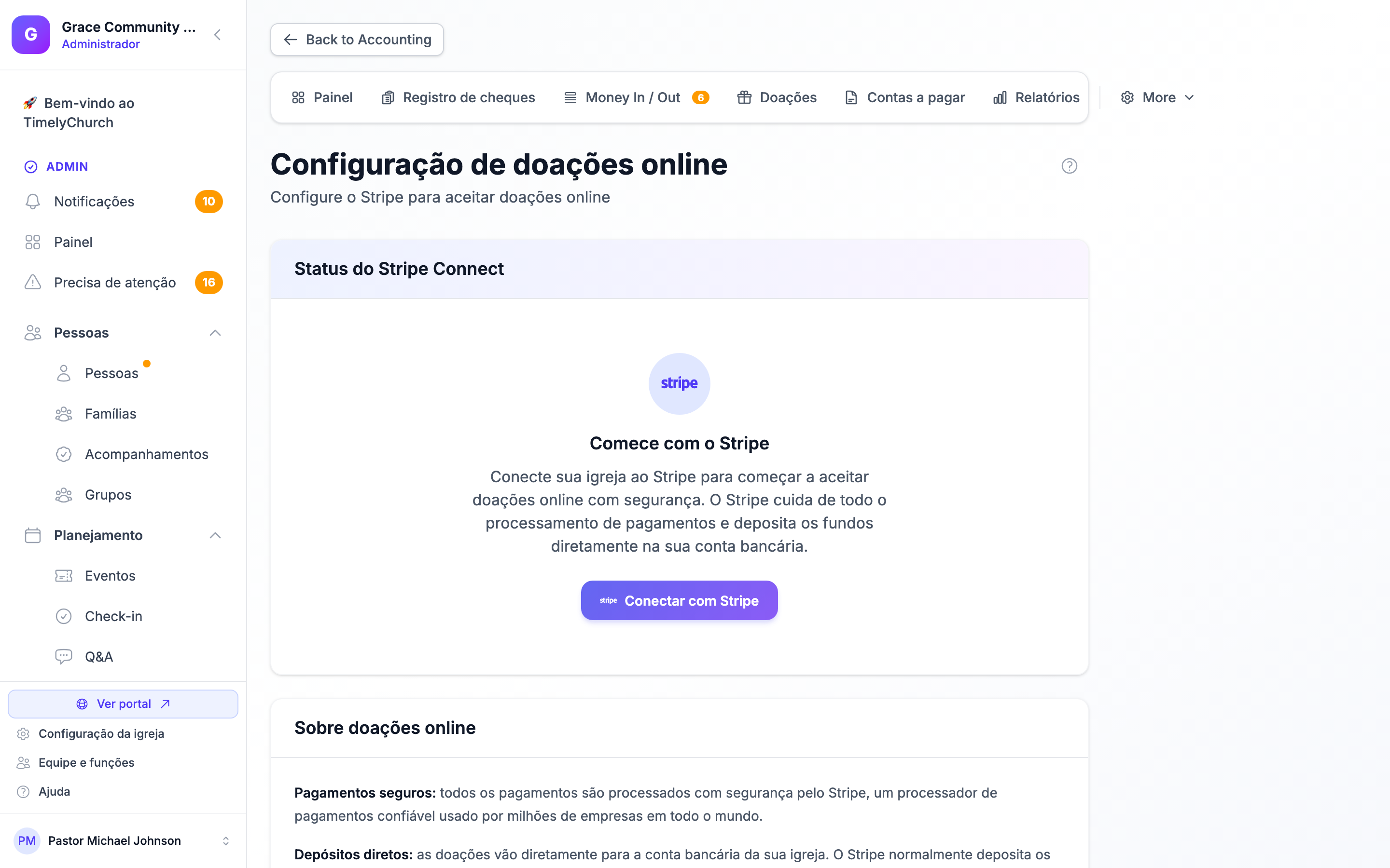 O cartão de status do Stripe Connect mostrando "Ready to Accept Donations" com a lista Details Submitted / Charges Enabled / Payouts Enabled