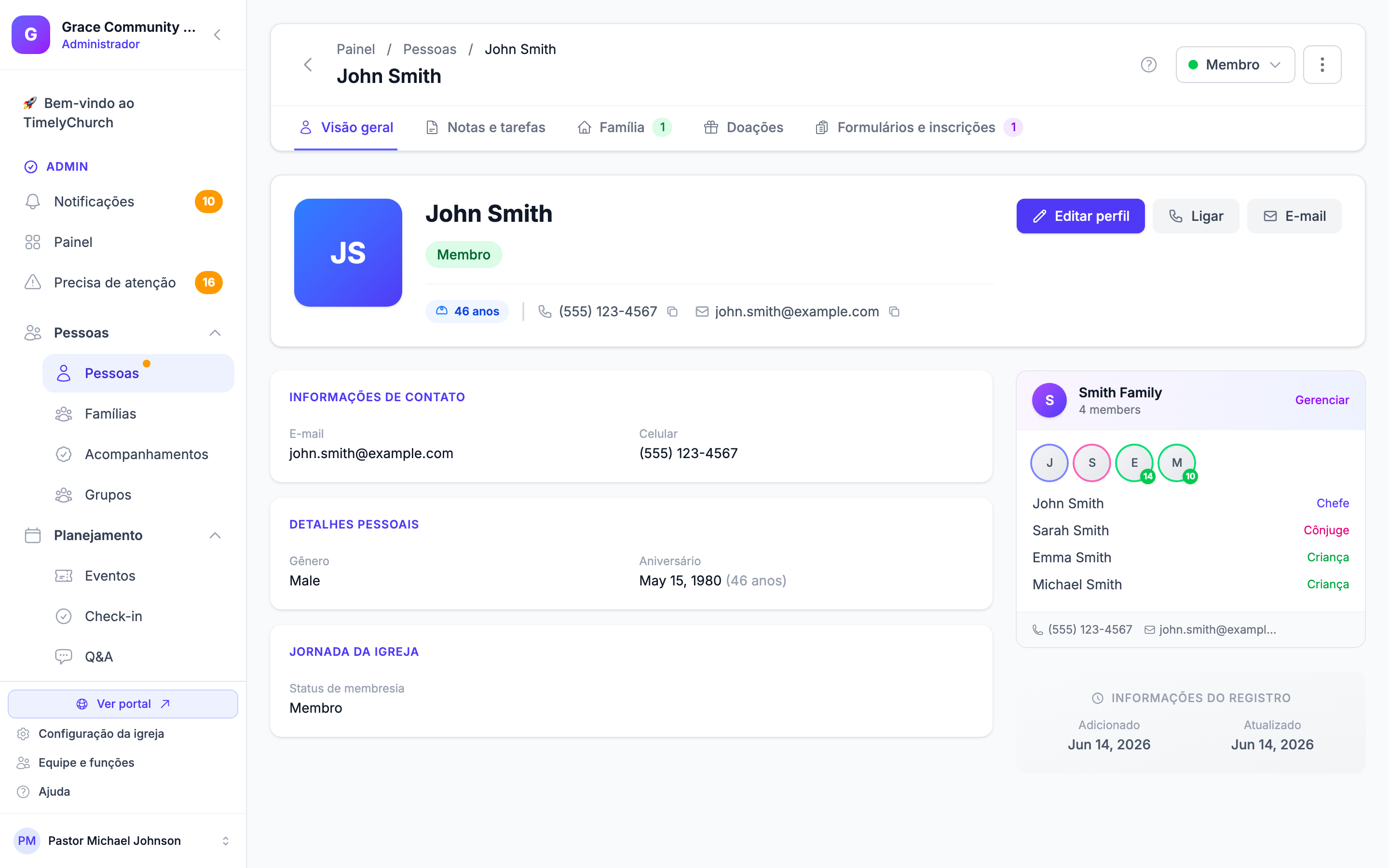 Overview tab showing the person summary card plus personal details, contact information, and church relationship fields