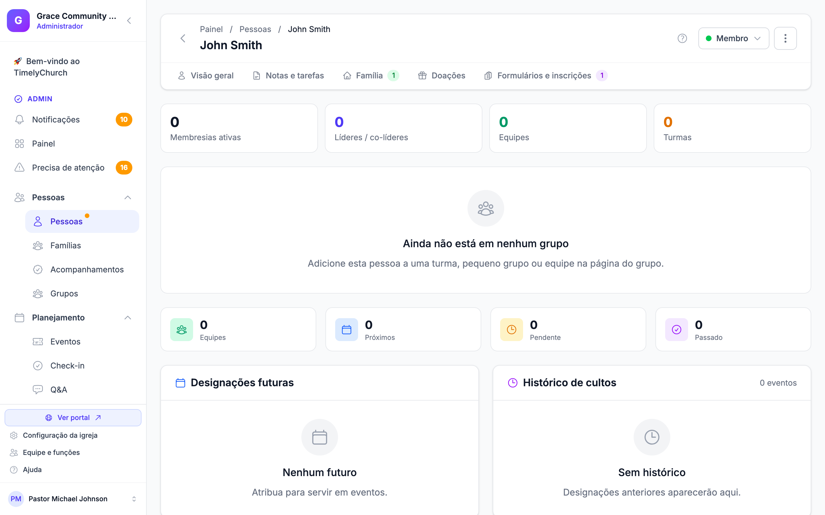 Involvement tab showing group memberships, class enrollment, and serving assignments