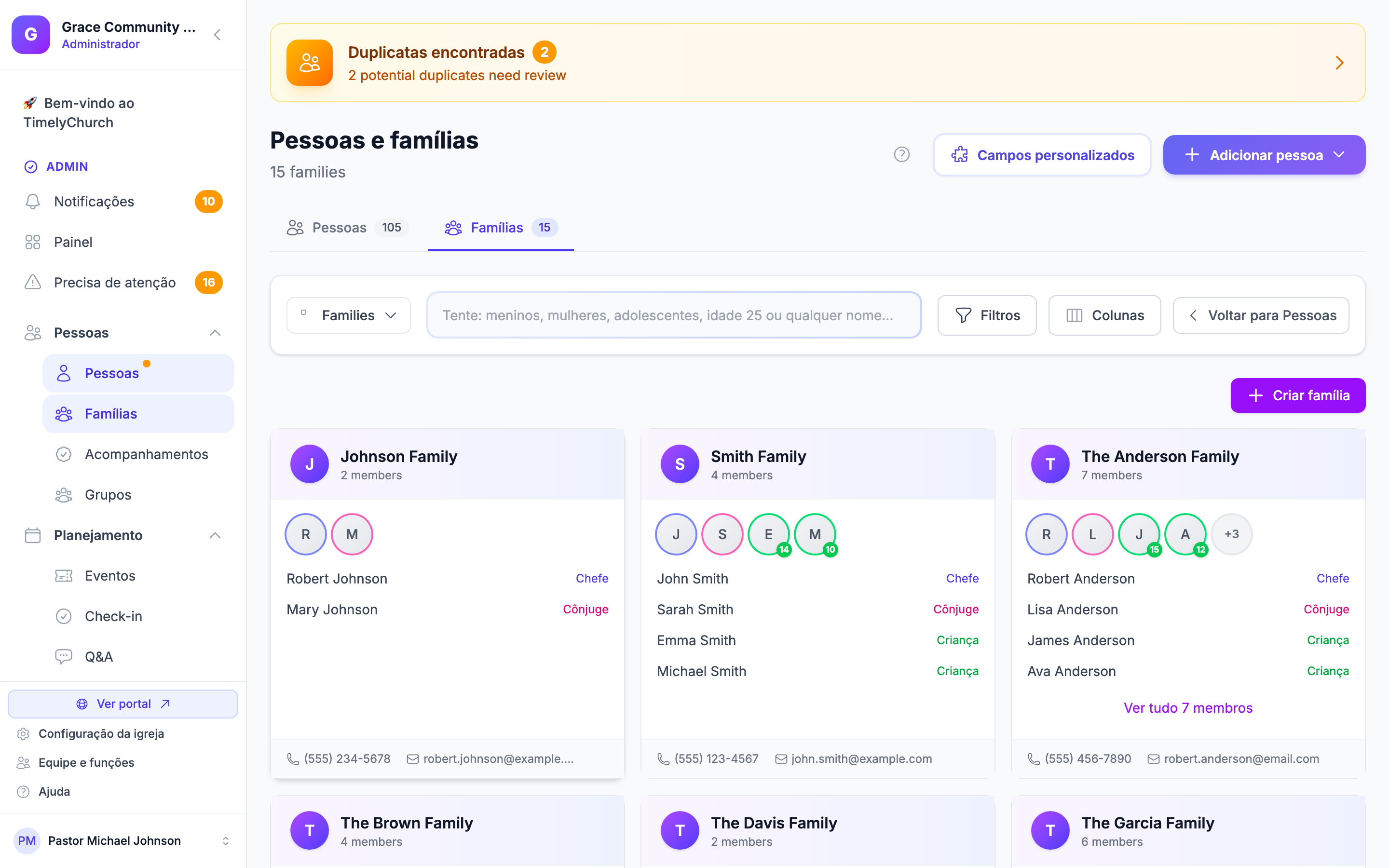Families view showing family cards with member names and roles