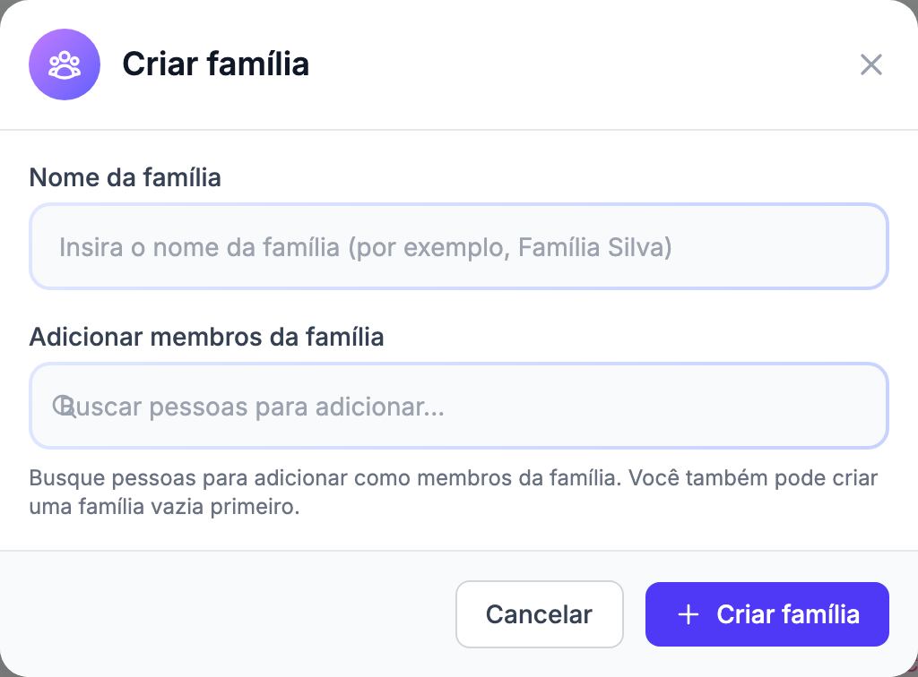 Create Family dialog showing family name field, role dropdown, and member search
