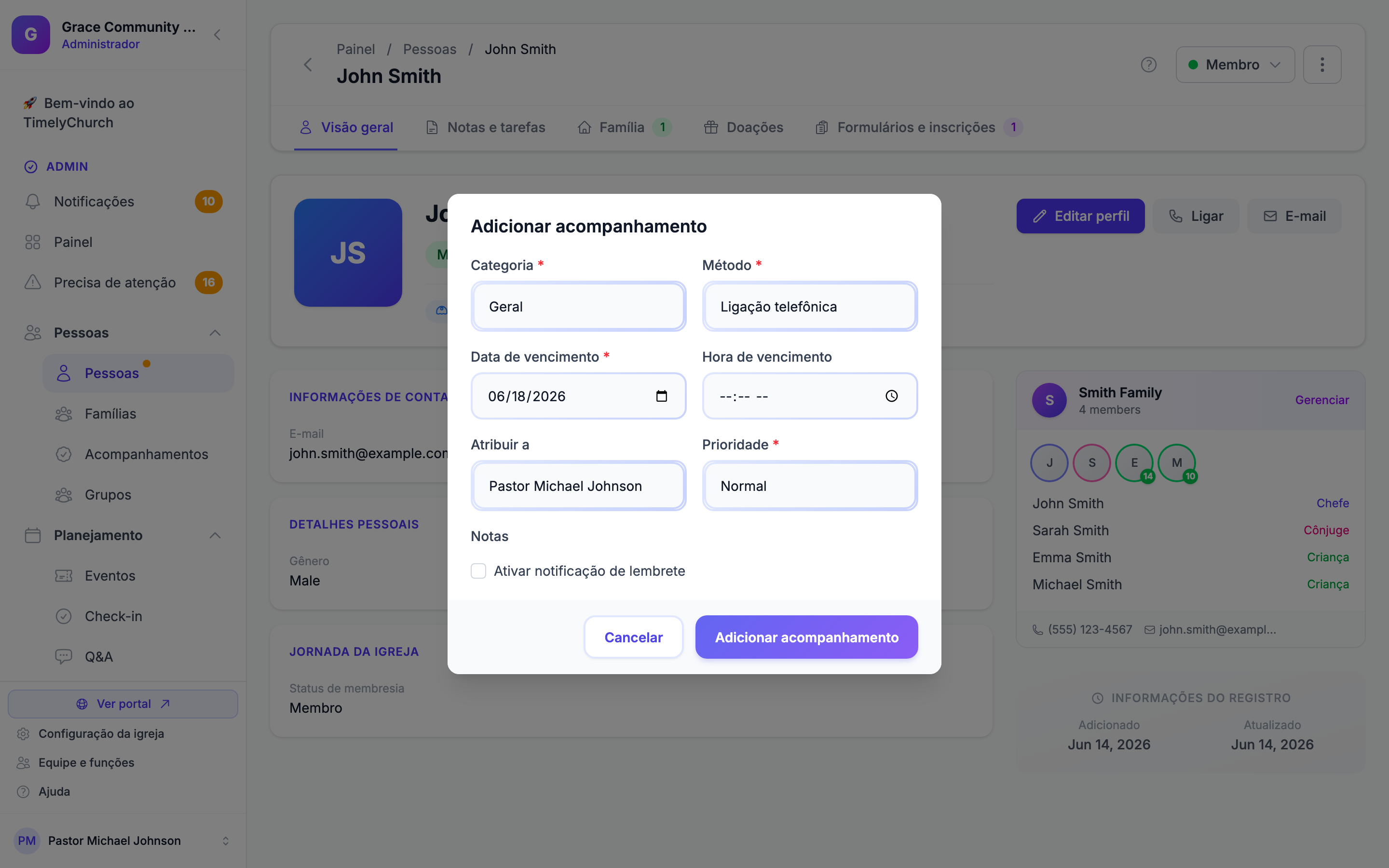 Create Follow-Up form showing category, method, due date, assignee, and priority fields