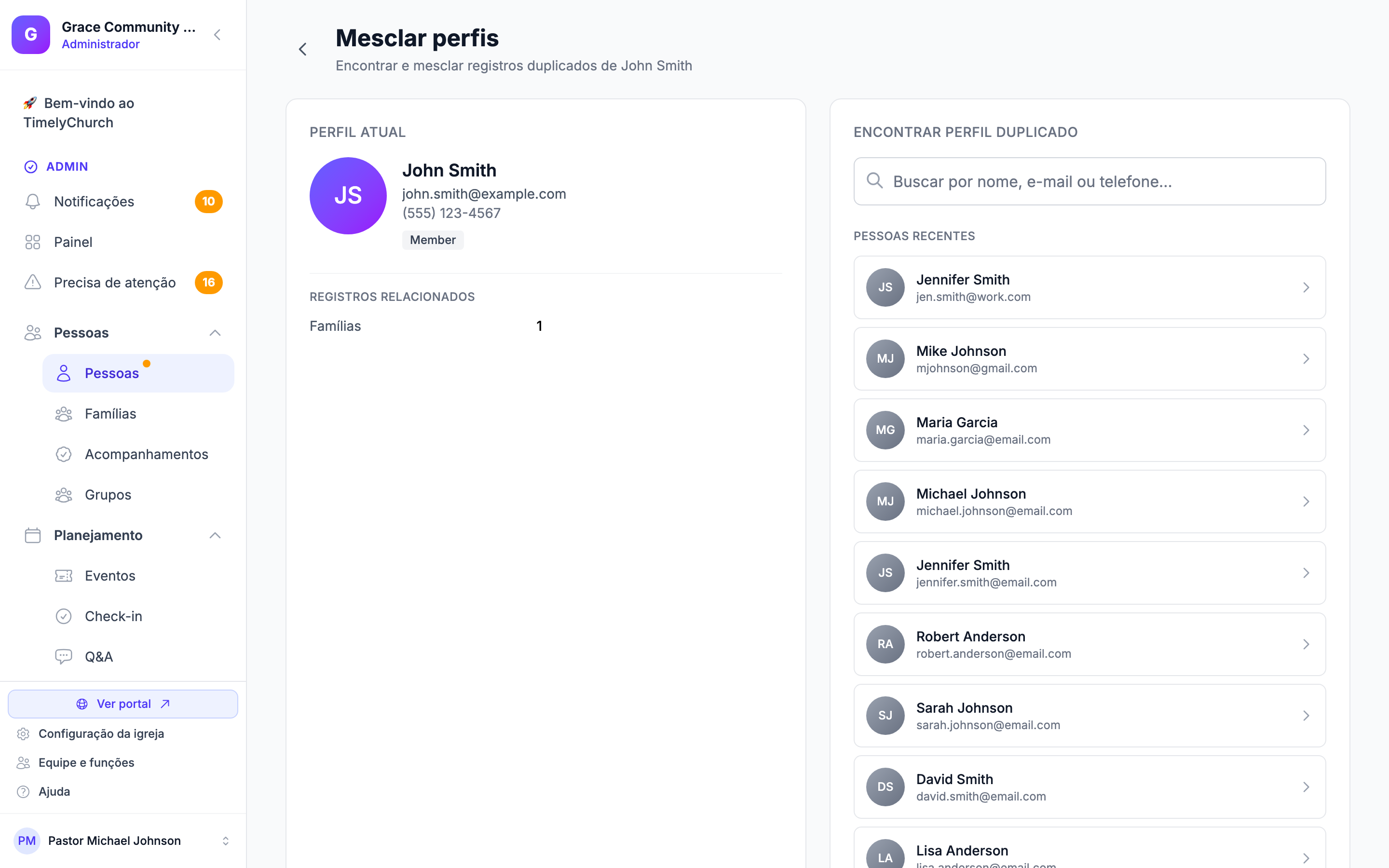 Merge search page showing search field and list of potential matches