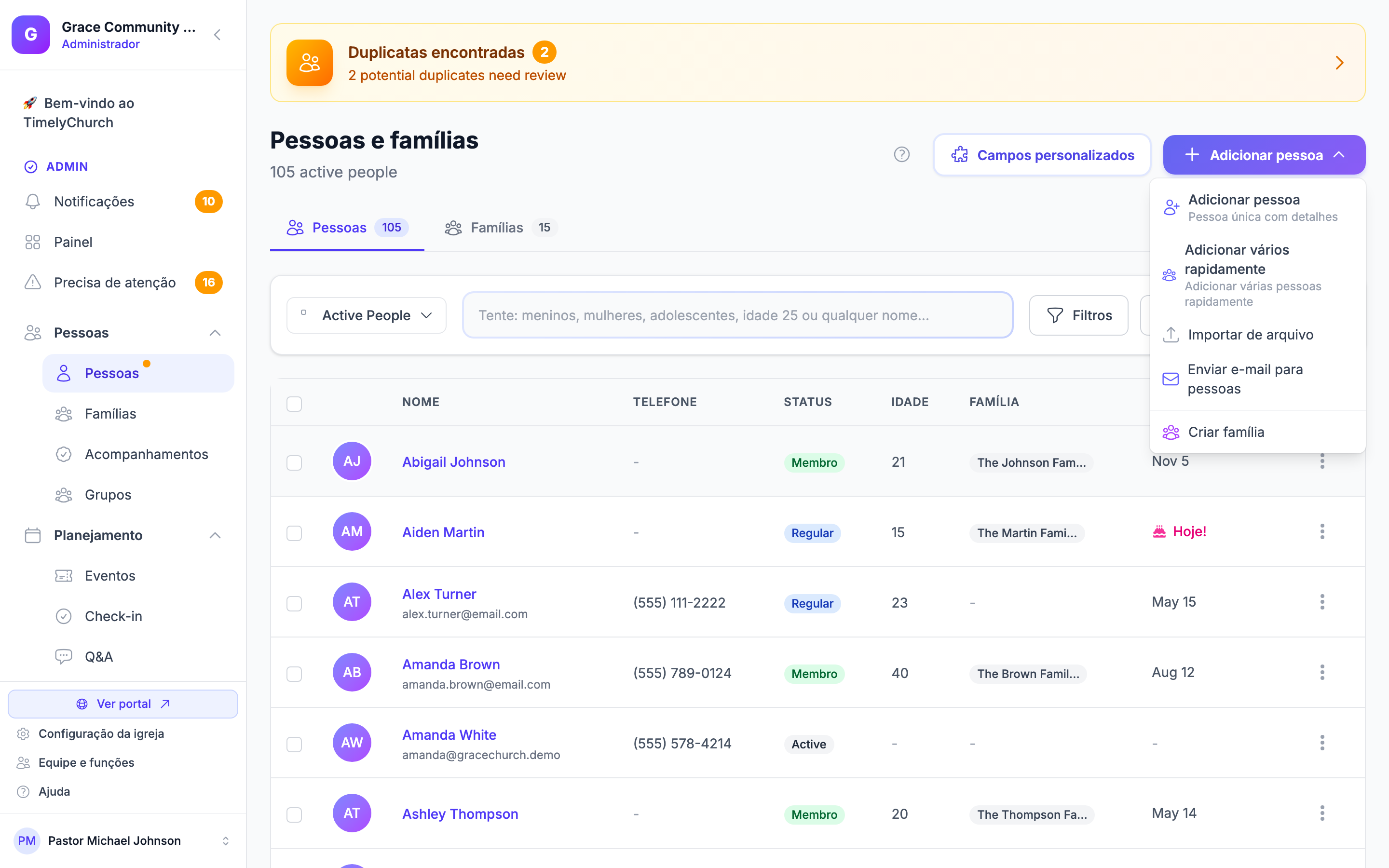 Página Pessoas com o menu suspenso Adicionar Pessoa aberto, mostrando a opção "Importar de Arquivo"