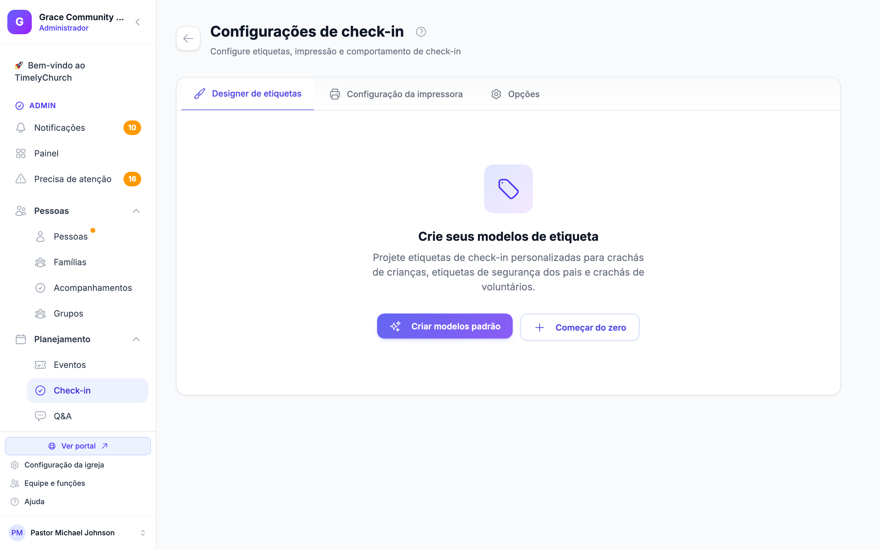 A página Configurações de Check-in com as abas Designer de Etiquetas, Configuração da Impressora e Opções no topo.