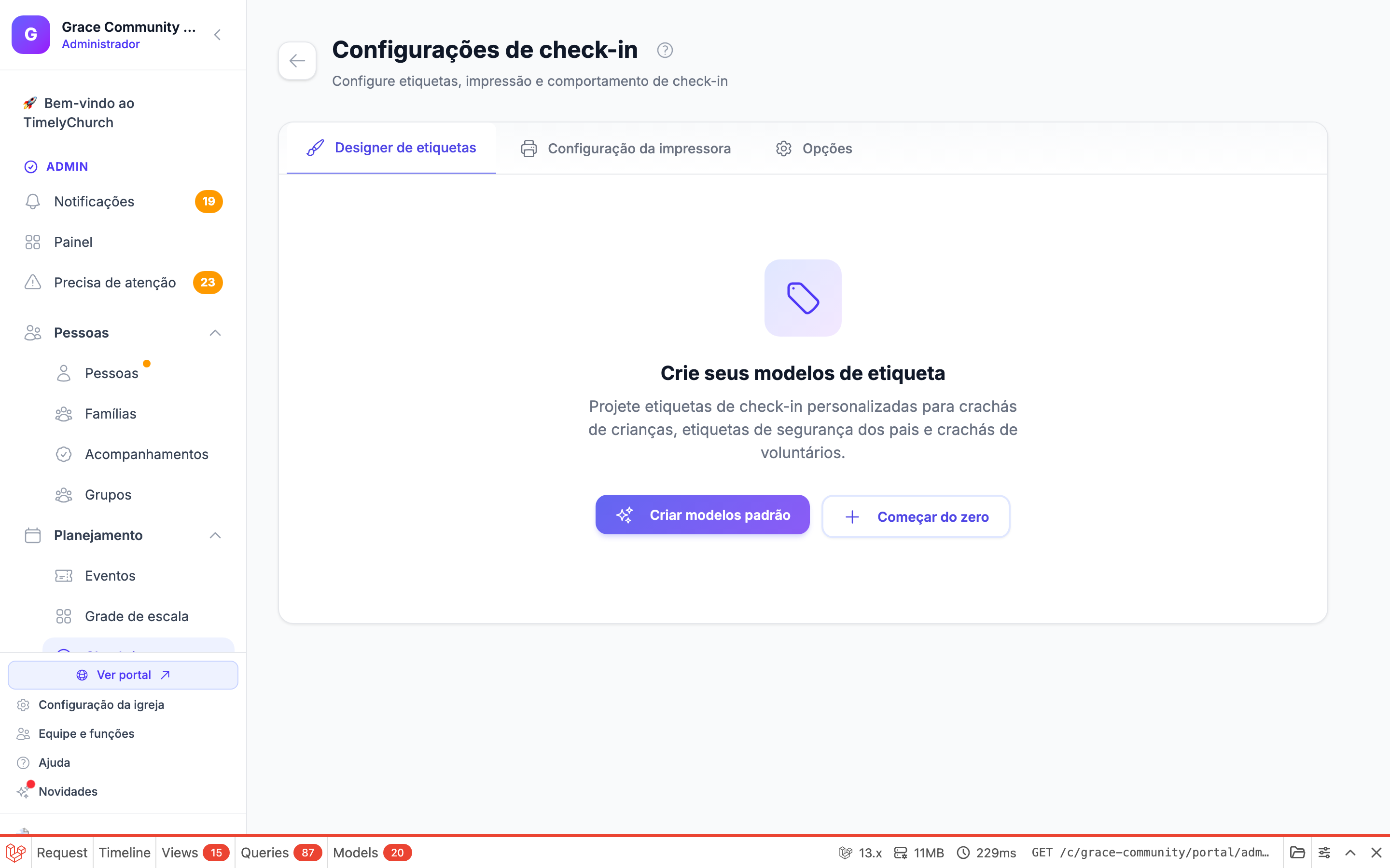 As alternâncias "Opções de Impressão" e o botão Salvar Configurações da Impressora na aba Configuração da Impressora.