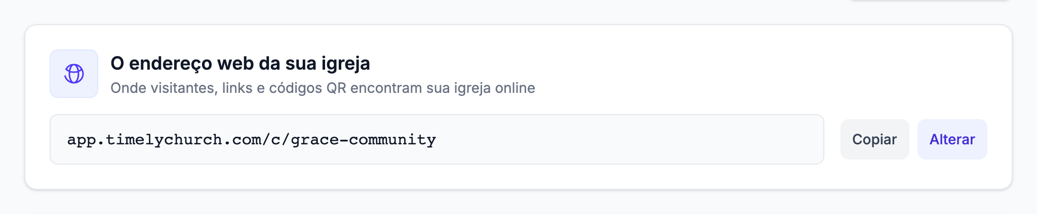 O cartão "O endereço web da sua igreja" na aba Perfil das configurações, com o endereço completo e os botões Copiar e Alterar