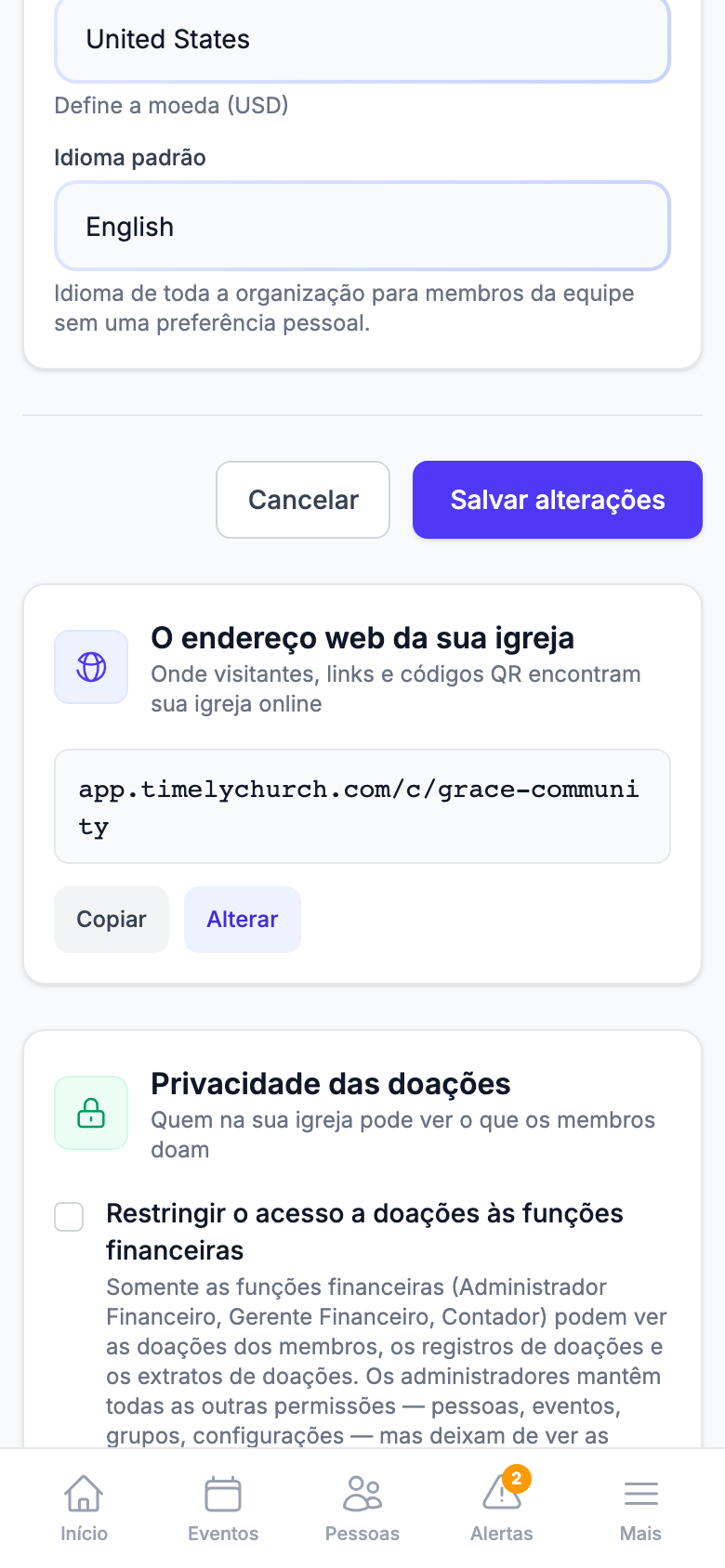 O mesmo cartão no celular, com o endereço e os botões Copiar e Alterar empilhados