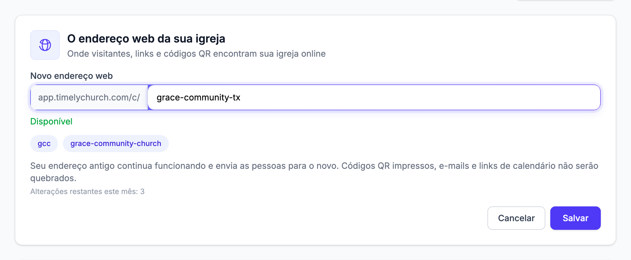 O formulário de alteração aberto, com um novo endereço digitado, "Disponível" em verde embaixo, as sugestões e a frase da promessa