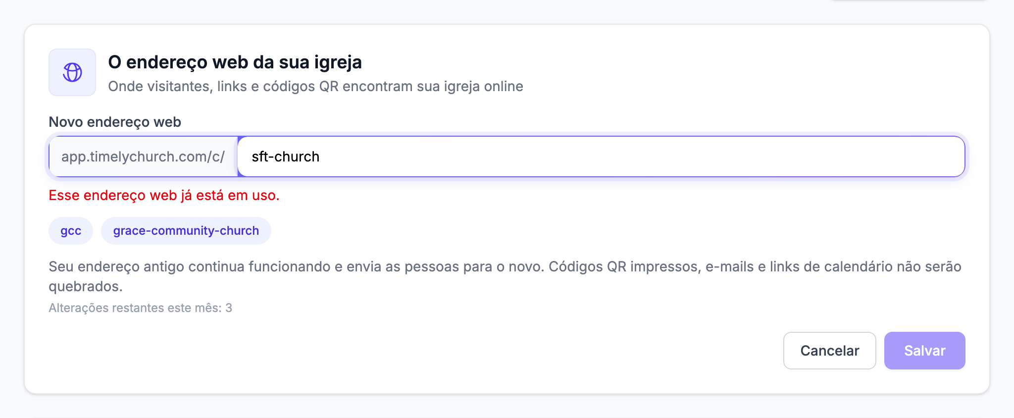 O formulário de alteração com um endereço já em uso: a mensagem vermelha embaixo e o botão Salvar acinzentado
