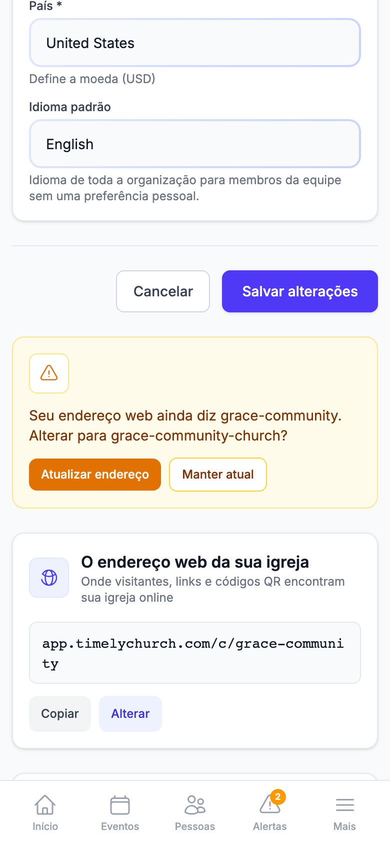 O mesmo aviso no celular, com a pergunta e os dois botões empilhados
