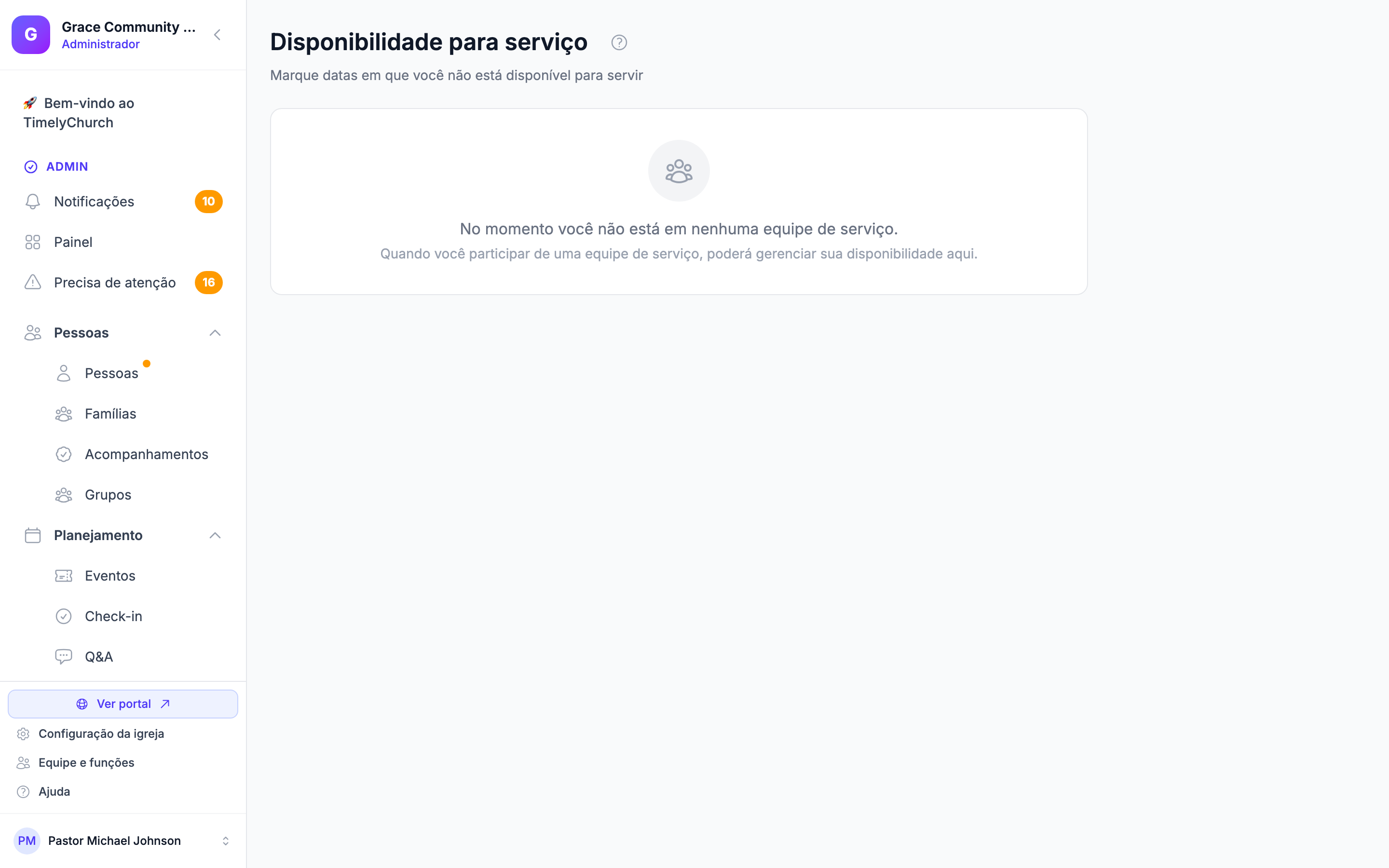 A página Disponibilidade de serviço mostrando as pílulas "Suas equipes de serviço", a seção recolhível Preferências de agendamento, a lista Datas indisponíveis futuras e o painel Padrões recorrentes.