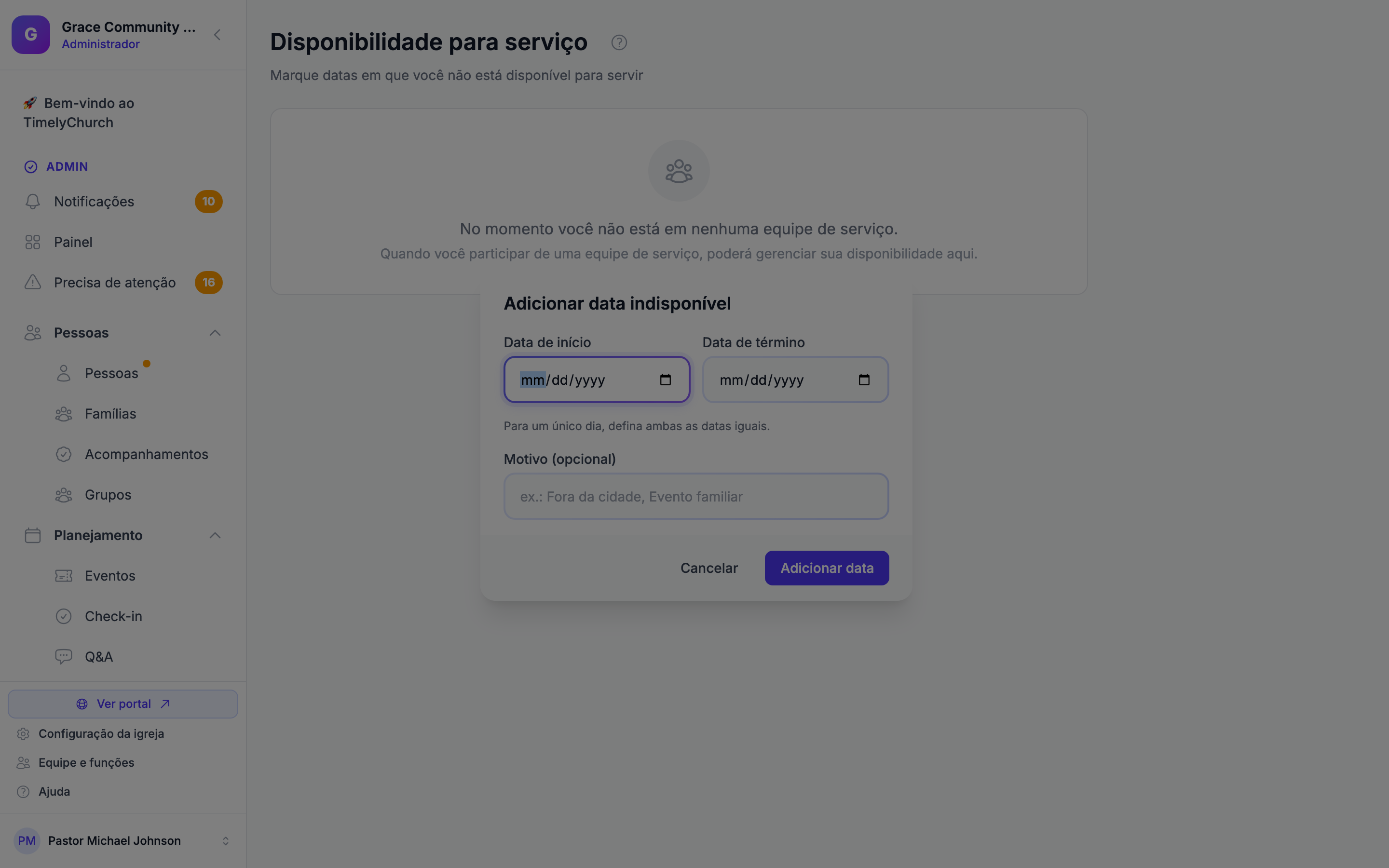 O modal Adicionar data indisponível com Data de início, Data de término e um campo Motivo opcional, além do botão Adicionar data.