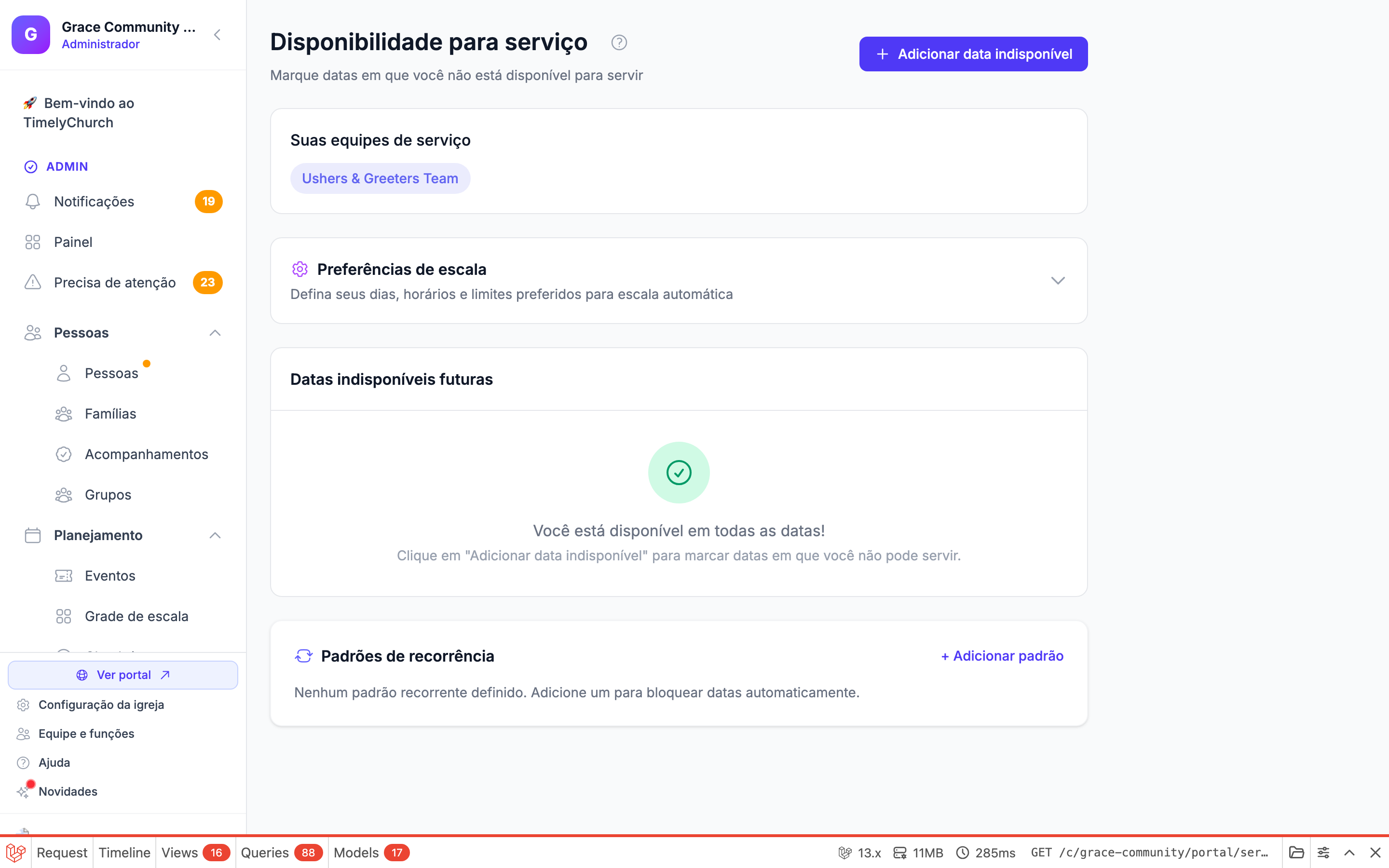 O formulário expandido Preferências de agendamento com Dias preferidos, Dias a evitar, Horários preferidos, Máx. de vezes por mês, Mín. de dias entre e as caixas de seleção de agendamento automático.